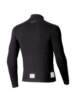 Alpinestars ZX Evo V3 Long Sleeve Top, Black Auto Racing Base Layer, back view featuring a small gray logo on the neck and white FIA/SFI certification labels at the bottom hem, lightweight flame-resistant design.