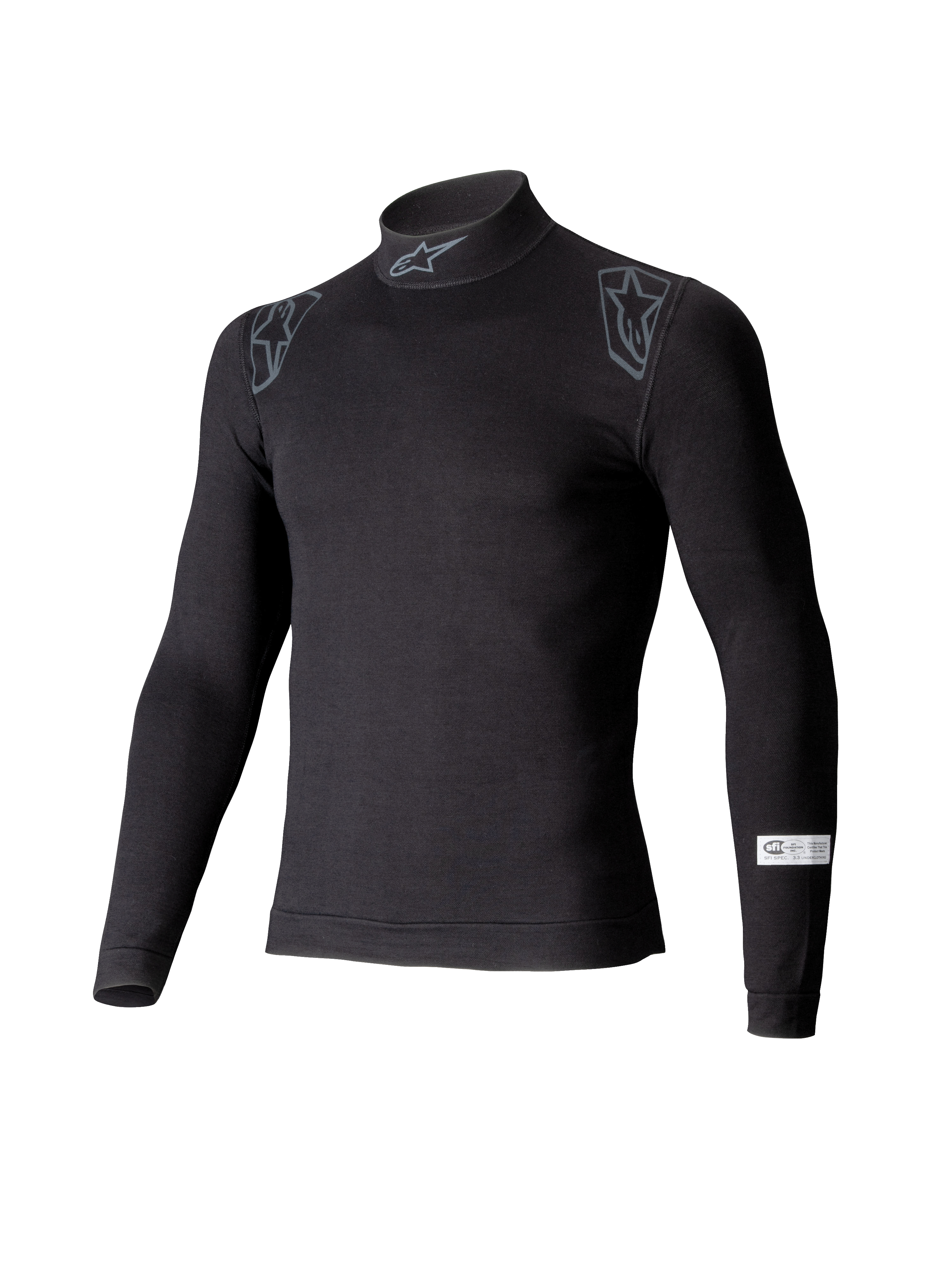 Alpinestars ZX Evo V3 Top, Long Sleeve Auto Racing Base Layer, Black, featuring mock neck with Alpinestars logo, shoulder graphics, and SFI certification tag on the sleeve, professional flame-resistant motorsport underwear