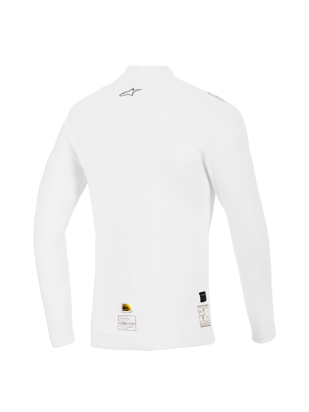 Alpinestars ZX Evo V3 Long Sleeve Top, White, Back View, Flame-resistant auto racing base layer featuring a small grey Alpinestars logo on the upper back and certification labels at the hem, performance fit with soft texture