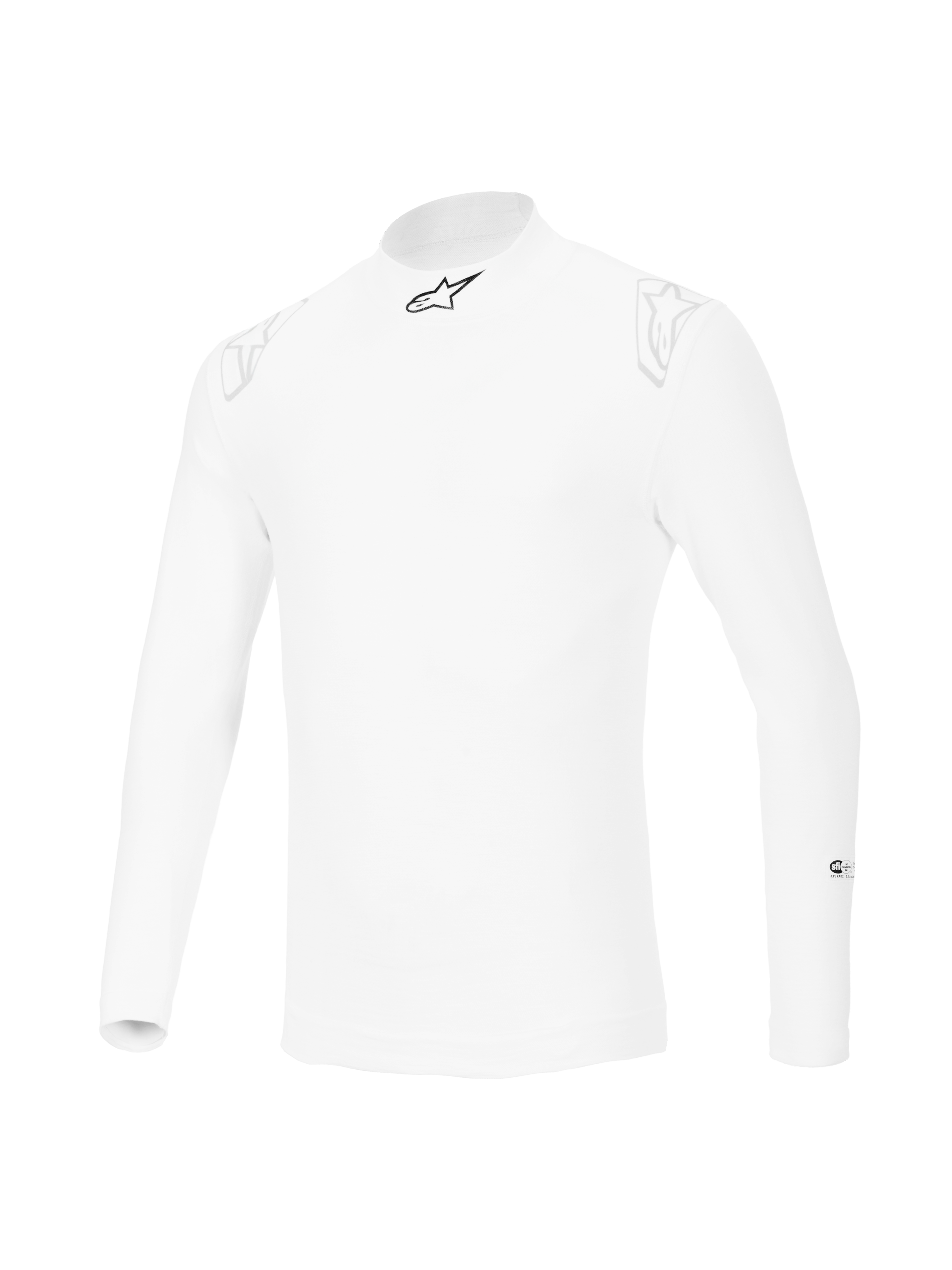 Alpinestars ZX Evo V3 Long Sleeve Top, White auto racing base layer, flame-resistant design with a black star logo on the collar and faint white logos on the shoulders, professional motorsport gear.