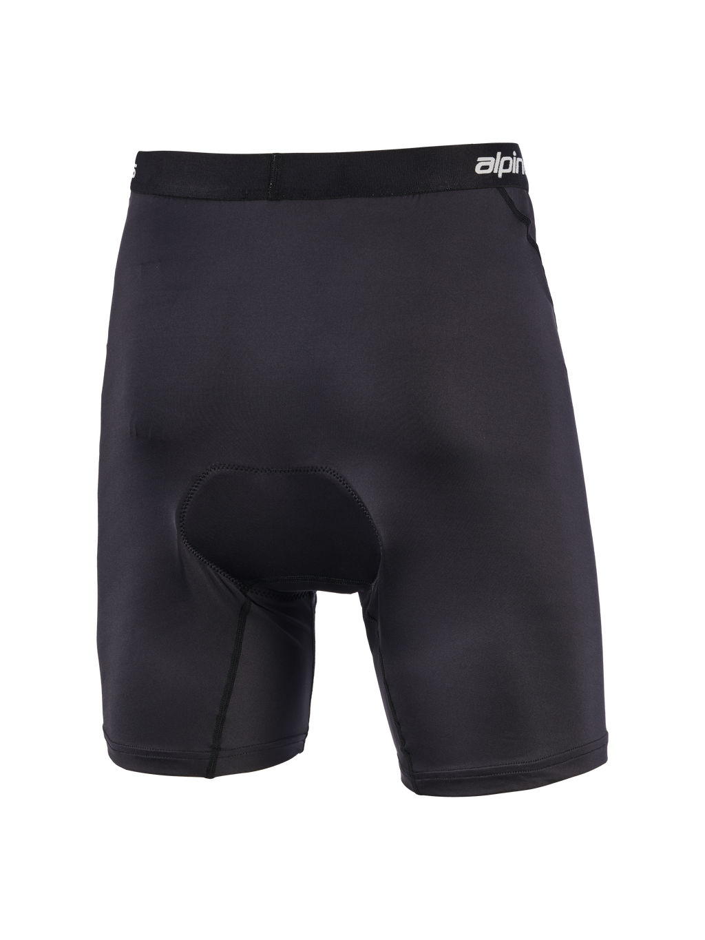 Alpinestars MX Boxer Padded, Black Motocross Padded Base Layer Shorts, rear view showing multi-density chamois seat padding, branded elastic waistband, ergonomic stretch construction for off-road riding comfort.