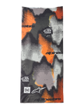 Alpinestars Buff Nazca Neck Tube, Motorcycle Neck Warmer, Gray Camo and Orange Fluo, digital halftone camouflage pattern, featuring Alpinestars and Buff logos with All Terra branding, seamless 4-way stretch fabric for warm-weather riding