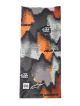Alpinestars Buff Nazca Neck Tube, Motorcycle Neck Warmer, Gray Camo and Orange Fluo, digital halftone camouflage pattern, featuring Alpinestars and Buff logos with All Terra branding, seamless 4-way stretch fabric for warm-weather riding