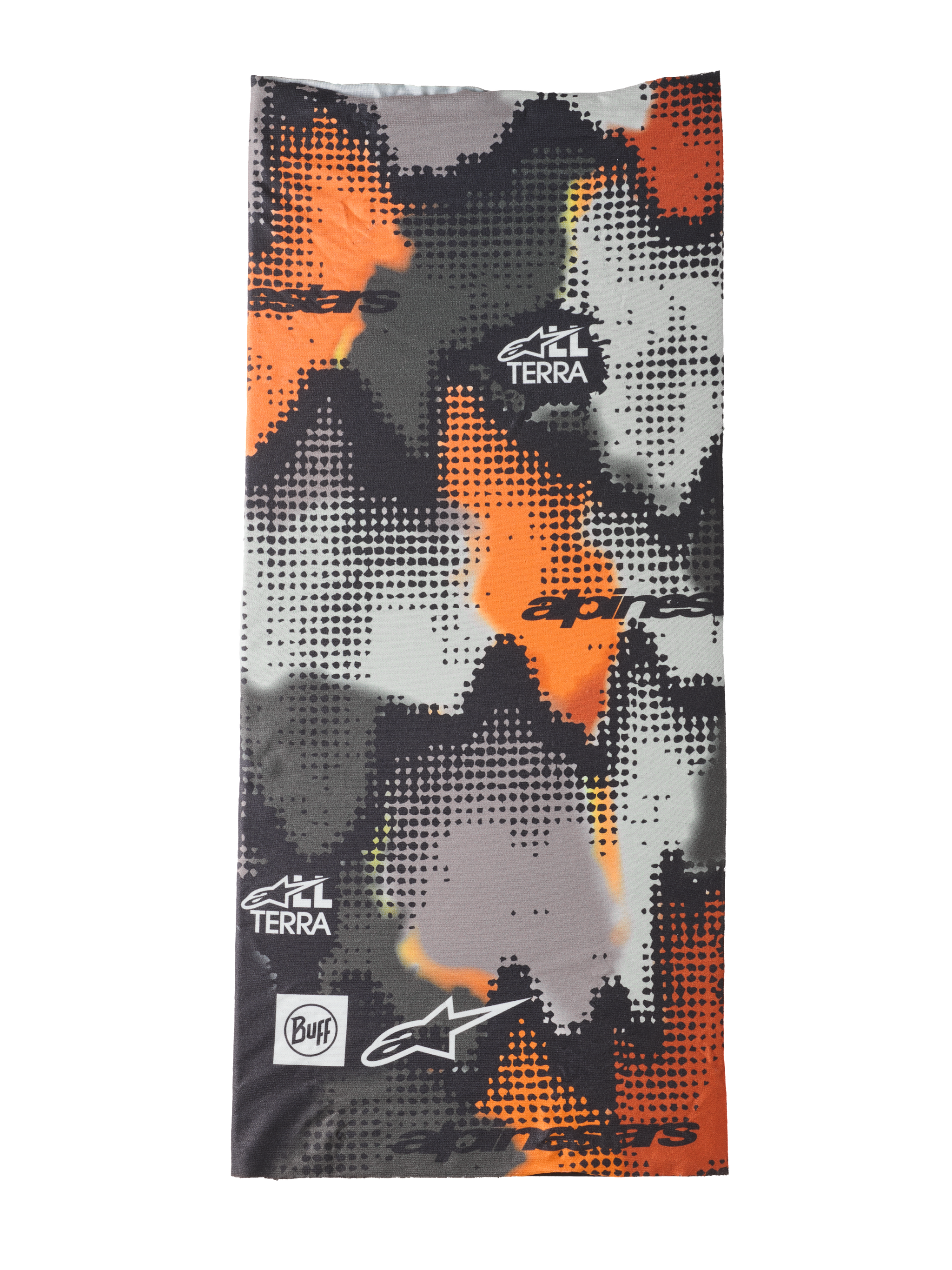 Alpinestars Buff Nazca Neck Tube, Motorcycle Neck Warmer, Gray Camo and Orange Fluo, digital halftone camouflage pattern, featuring Alpinestars and Buff logos with All Terra branding, seamless 4-way stretch fabric for warm-weather riding