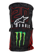 Alpinestars FQ20 Neck Tube Monster, lightweight motorcycle neck tube, black with red '20' and white 'El Diablo' graphics, white Alpinestars logo and green Monster Energy claw, racing-inspired accessory with a silky textile texture