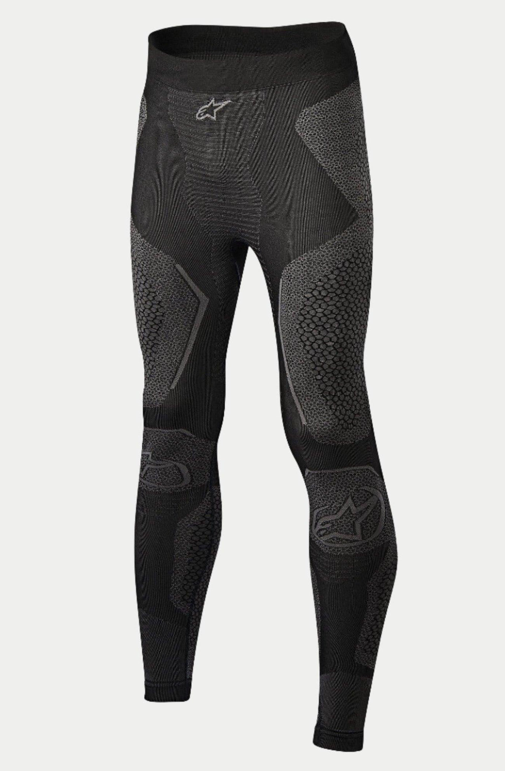 Alpinestars Ride Tech Bottom Winter, Motorcycle Base Layer Pants, Black and Gray, featuring dual-density knit panels with textured patterns, seamless construction, Alpinestars logos on the waistband and shins, designed for cold weather riding