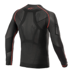 Alpinestars Ride Tech V2 Top Long Sleeve Summer, Motorcycle Base Layer, Black and Red, back view featuring body-mapped construction with open mesh inserts, red flatlock seams, and red Alpinestars logo on the back collar, technical underlayer for warm weather.