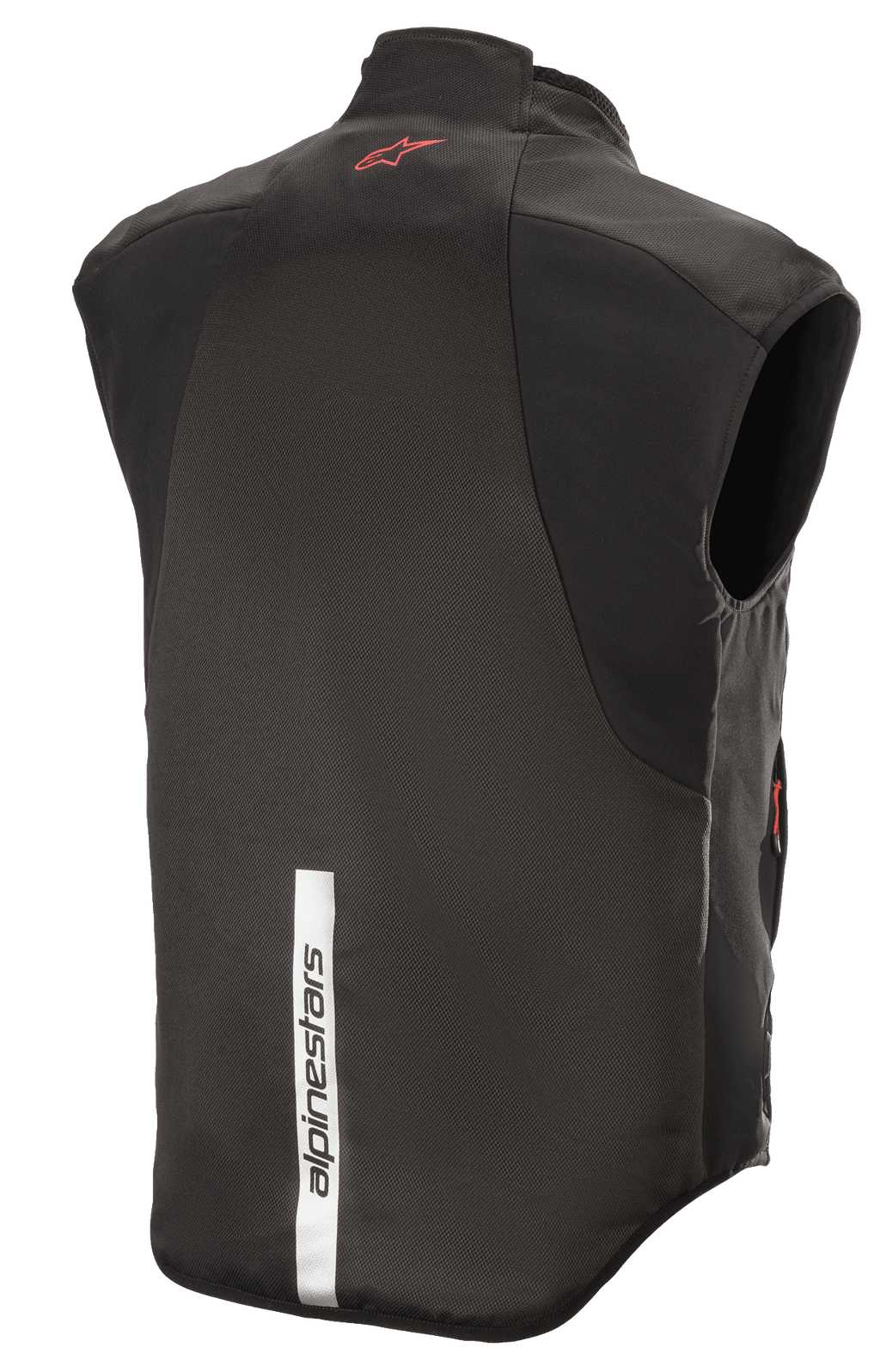 Alpinestars HT Heat Tech Vest, Black, Rear view featuring a red Astars logo on the upper back and a vertical reflective white strip with Alpinestars branding on the lower back, motorcycle heated base layer
