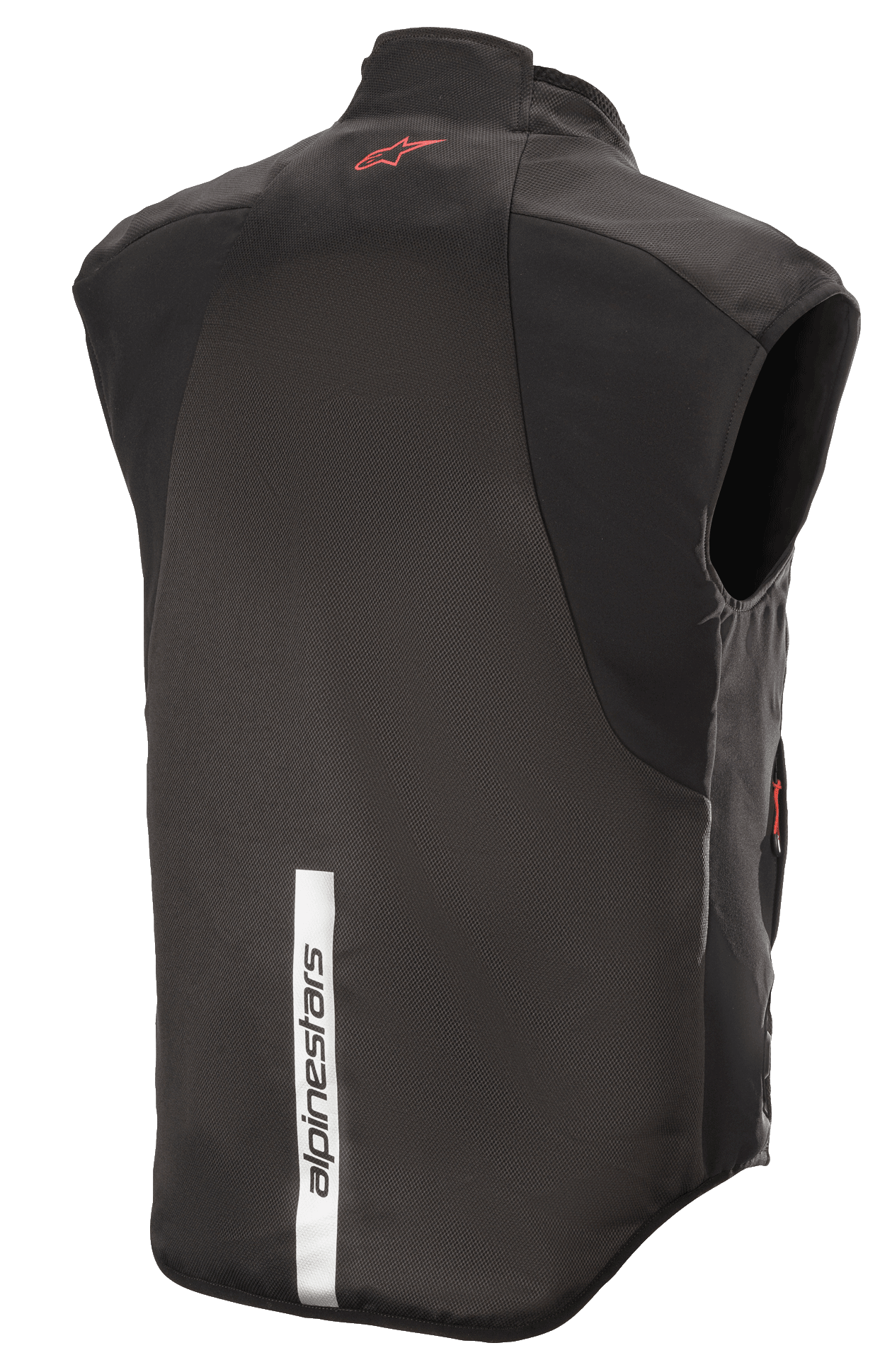 Alpinestars HT Heat Tech Vest, Black, Rear view featuring a red Astars logo on the upper back and a vertical reflective white strip with Alpinestars branding on the lower back, motorcycle heated base layer