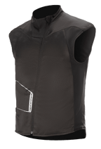 Alpinestars HT Heat Tech Vest, Black sleeveless heated motorcycle base layer, high collar with asymmetric angled front zipper, technical textile construction with white Alpinestars logo, thermal underlayer for winter adventure and road touring