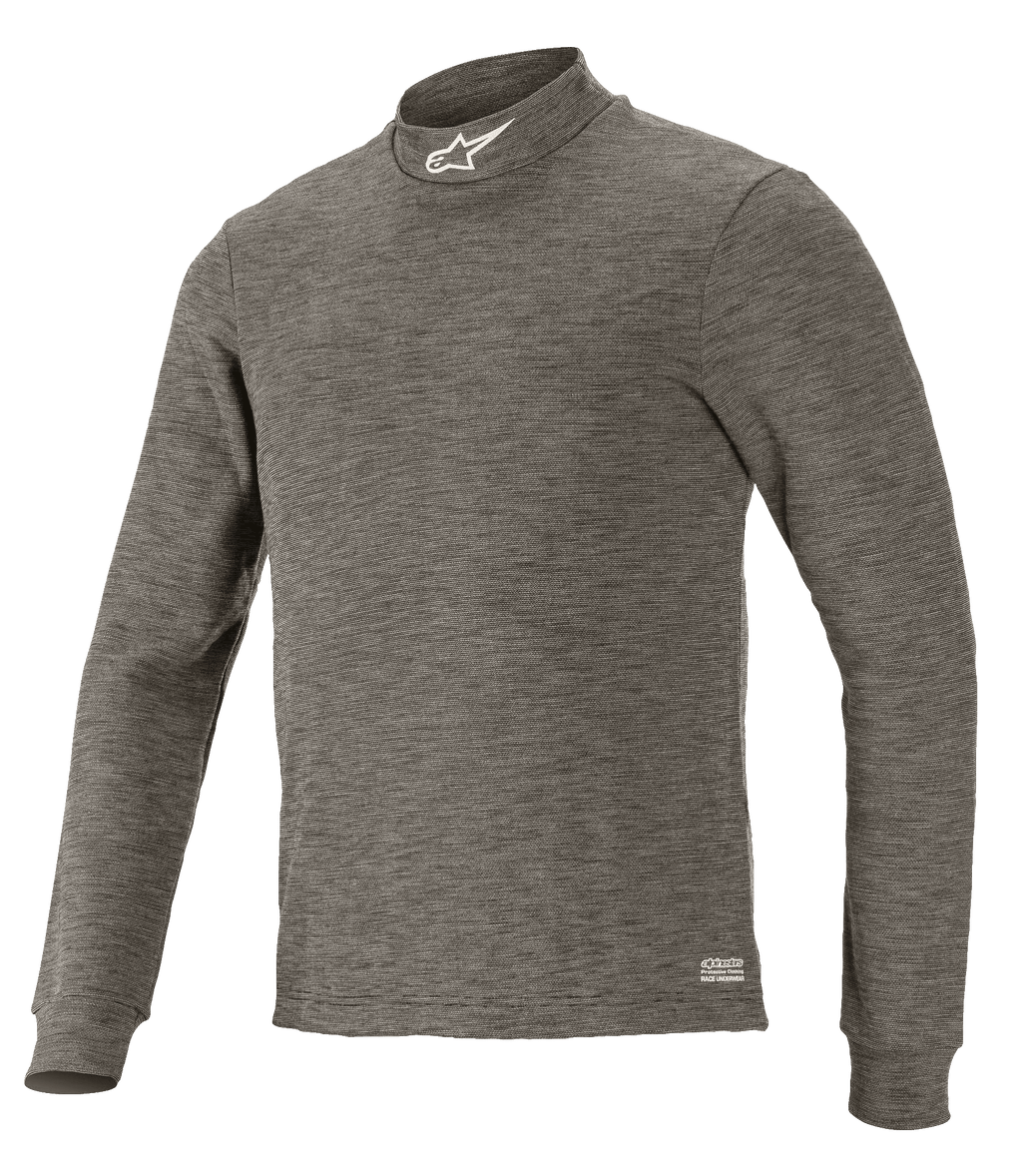 Alpinestars Race V3 Long Sleeve Top, technical motorsport base layer, Anthracite Melange gray, mock neck with white star logo, long sleeves, heathered flame-resistant fabric, professional auto racing underlayer