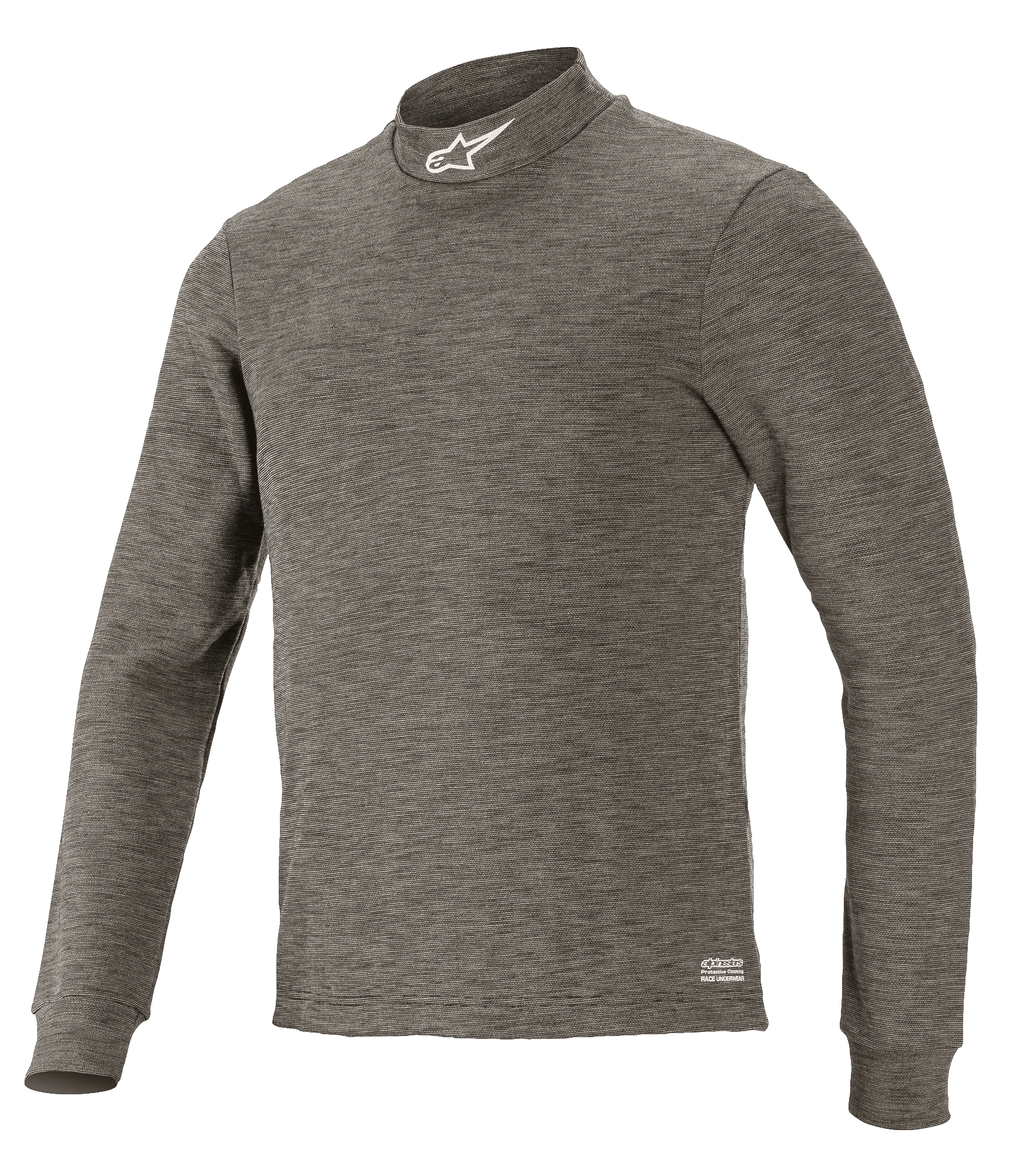 Alpinestars Race V3 Long Sleeve Top, technical motorsport base layer, Anthracite Melange gray, mock neck with white star logo, long sleeves, heathered flame-resistant fabric, professional auto racing underlayer
