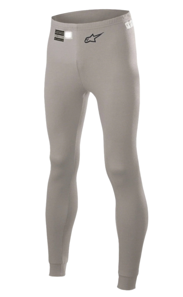 Alpinestars Race V2 Bottom FIA, Auto Racing Base Layer Pants, Mid Gray, featuring black Alpinestars logo and FIA homologation tag on the waistband, tight-fitting design in flame-resistant material