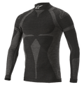 Alpinestars ZX Evo V2 Long Sleeve Top, auto racing base layer shirt, black and gray, high collar featuring a white logo, jacquard motif pattern, form-fitting technical apparel with lightweight knit texture
