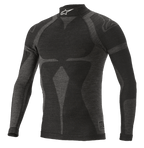 Alpinestars ZX Evo V2 Long Sleeve Top, auto racing base layer shirt, black and gray, high collar featuring a white logo, jacquard motif pattern, form-fitting technical apparel with lightweight knit texture