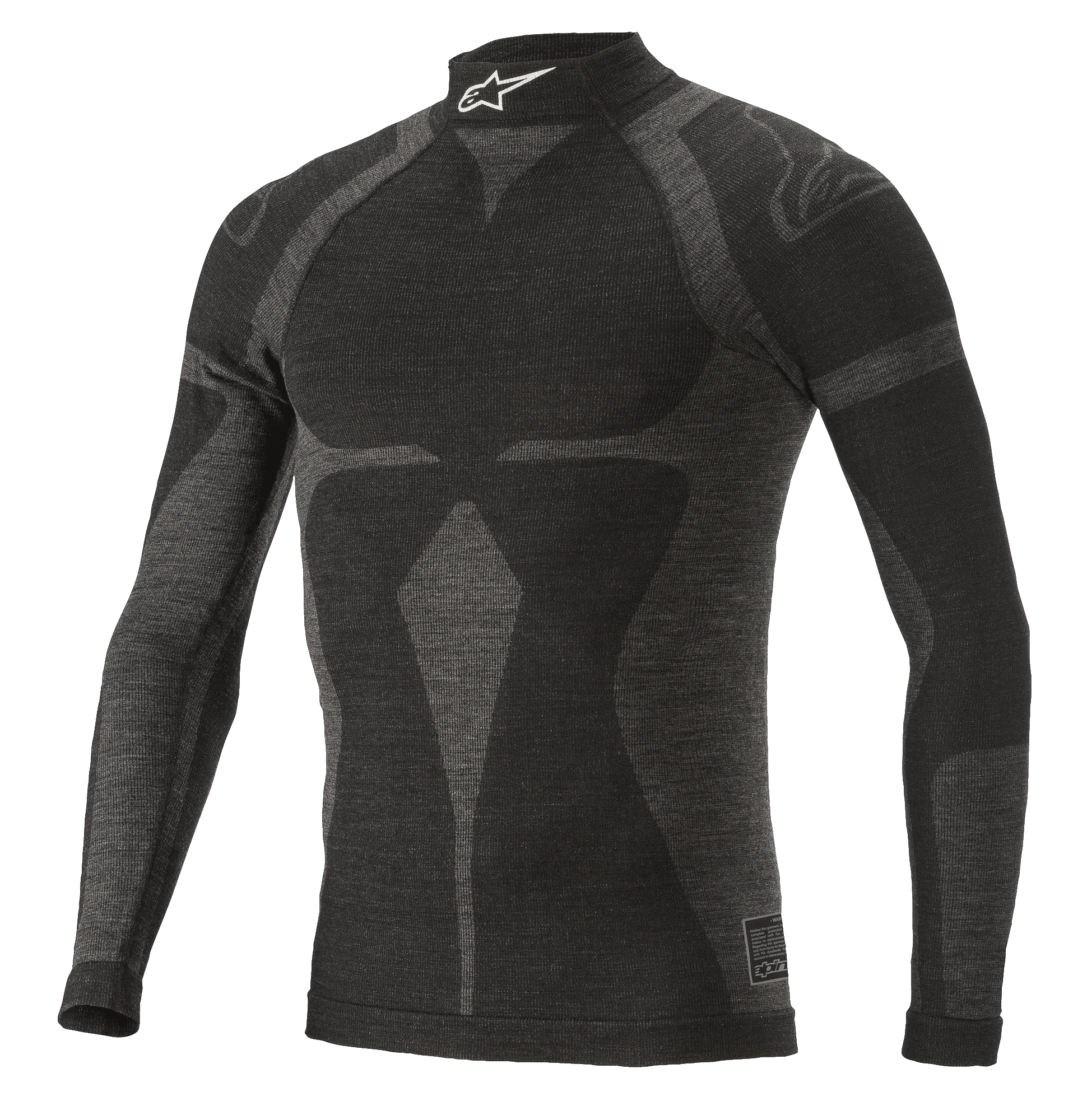Alpinestars ZX Evo V2 Long Sleeve Top, auto racing base layer shirt, black and gray, high collar featuring a white logo, jacquard motif pattern, form-fitting technical apparel with lightweight knit texture