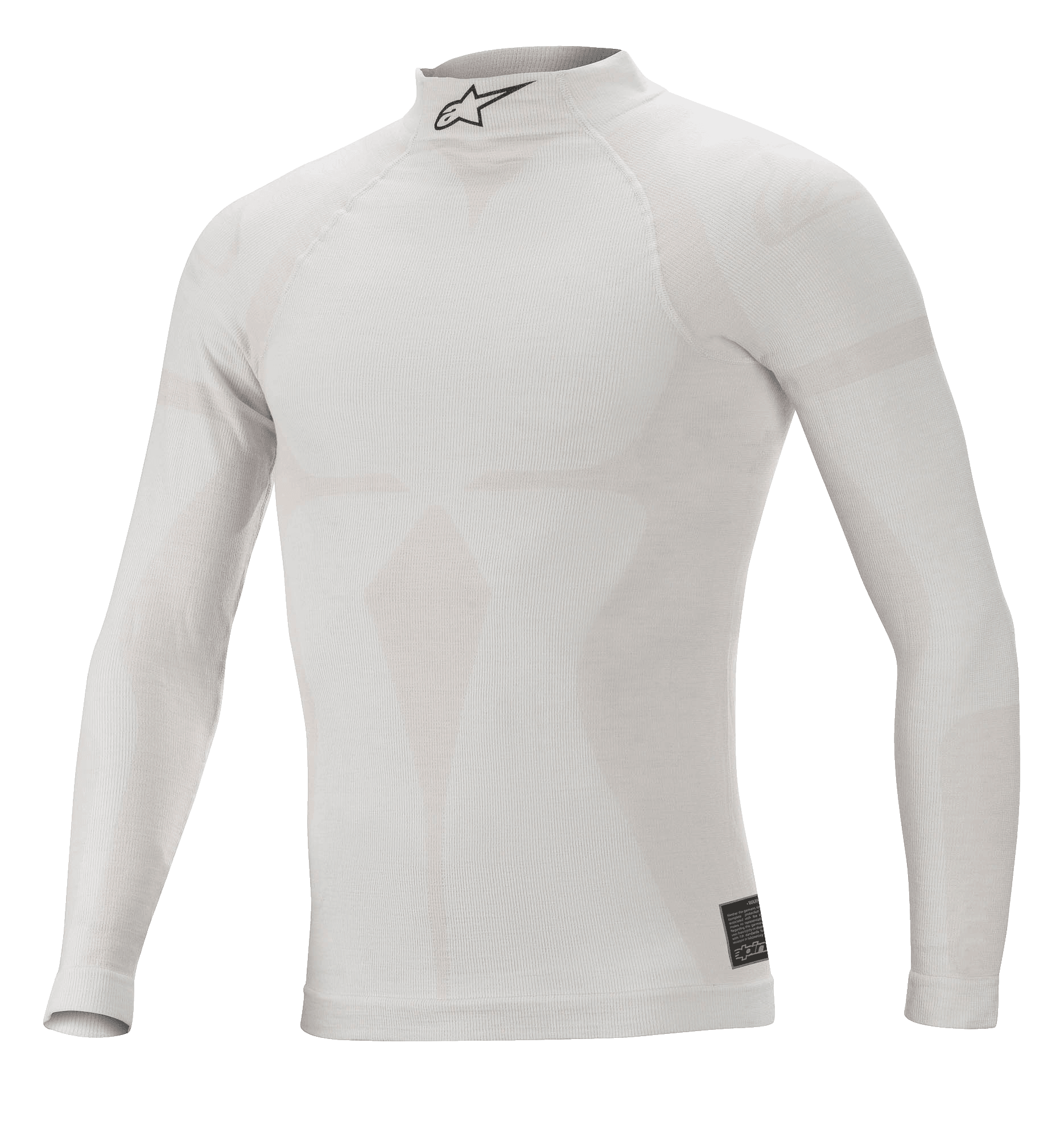 Alpinestars ZX Evo V2 Long Sleeve Top, White Gray, Flame-Resistant Auto Racing Base Layer, High Collar with Black Astars Logo, Seamless Construction with Jacquard Motif, Lightweight and Fitted Performance Underwear