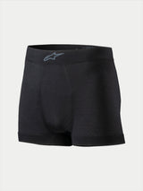 Alpinestars TECH ZX Boxer, Auto Racing Base Layer Underwear, Black, featuring a grey Alpinestars logo on the waistband, lightweight flame-resistant fabric, FIA 8856-2018 certified motorsport apparel