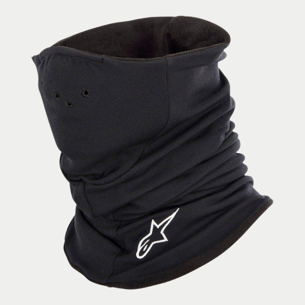 Alpinestars Tech Neck Warmer, Black, motorcycle neck gaiter with fleece lining, featuring a white embroidered Alpinestars logo, small air holes for breathability, and elasticated construction for wind protection