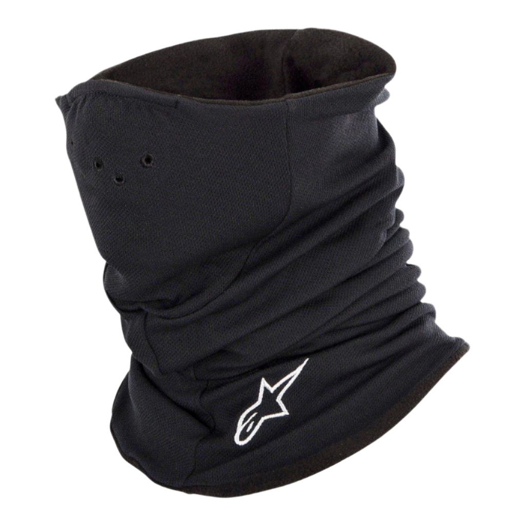 Alpinestars Tech Neck Warmer in Black, motorcycle neck tube with white embroidered logo, featuring perforated air holes and a double-layered fleece lining for thermal protection and wind-chill resistance.