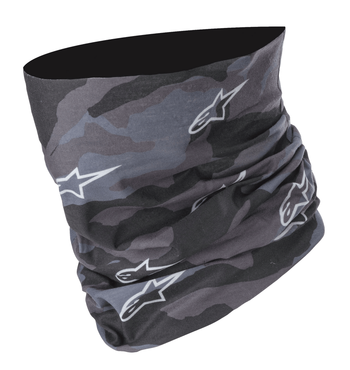 Alpinestars Tactical Neck Tube in Black Tar Gray, digital camouflage pattern with white star logos, seamless microfiber construction, versatile motorcycle neck gaiter and base layer coverage