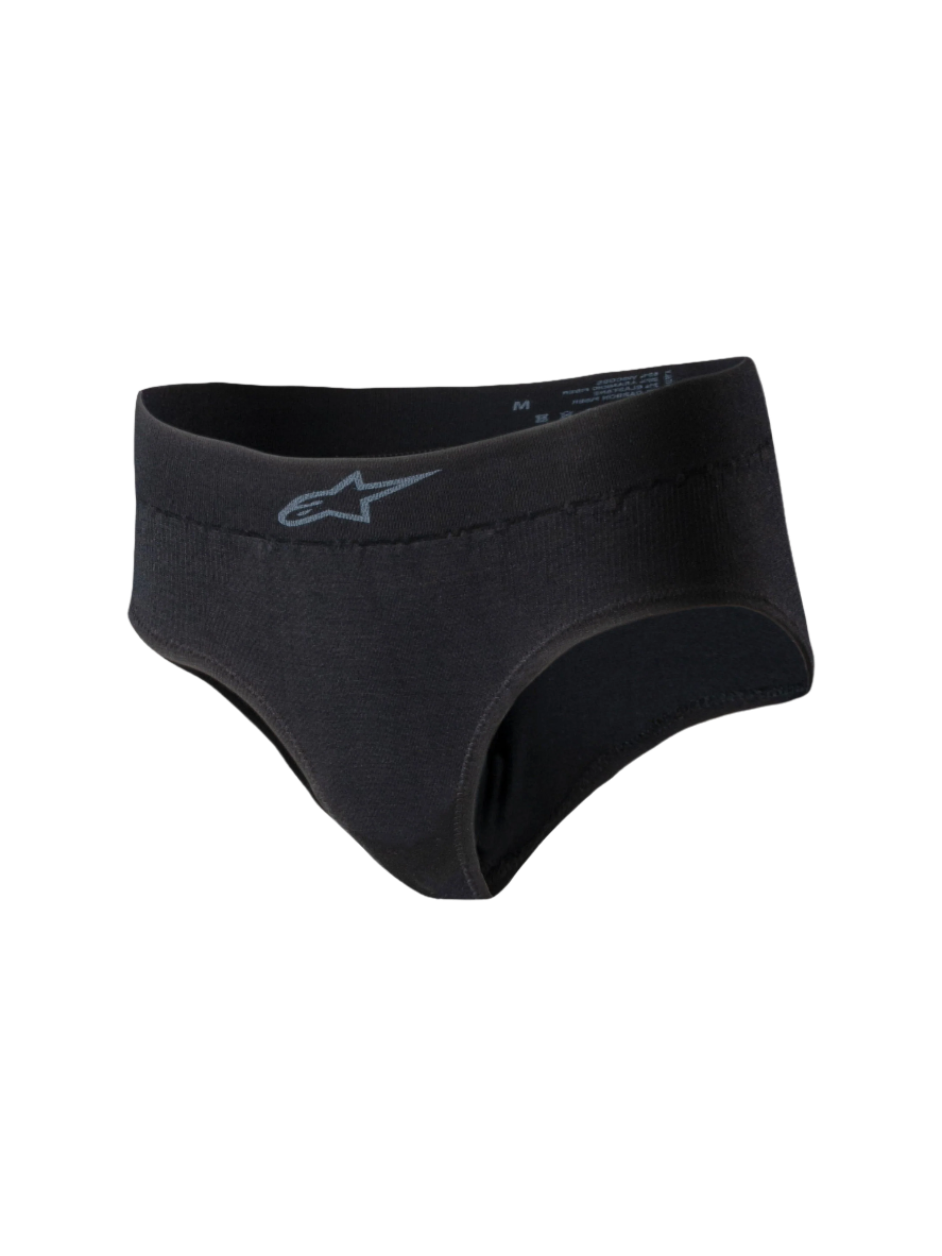 Alpinestars Stella TECH ZX Briefs, Women's Racing Underwear, Black, featuring a small gray Alpinestars logo on the waistband, lightweight flame-resistant knit material, FIA 8856-2018 certified base layer