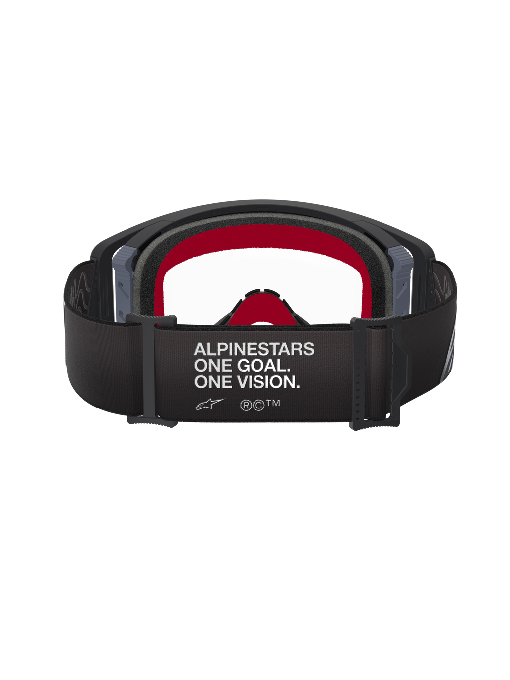 Alpinestars Supertech Corp Goggles, Black and Grey, Rear view showing the wide black strap with 'ALPINESTARS ONE GOAL. ONE VISION.' white text, red inner face foam, and clear lens, high-performance motocross eyewear