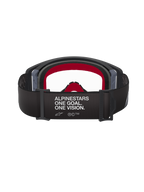 Alpinestars Supertech Corp Goggles, Black and Grey, Rear view showing the wide black strap with 'ALPINESTARS ONE GOAL. ONE VISION.' white text, red inner face foam, and clear lens, high-performance motocross eyewear