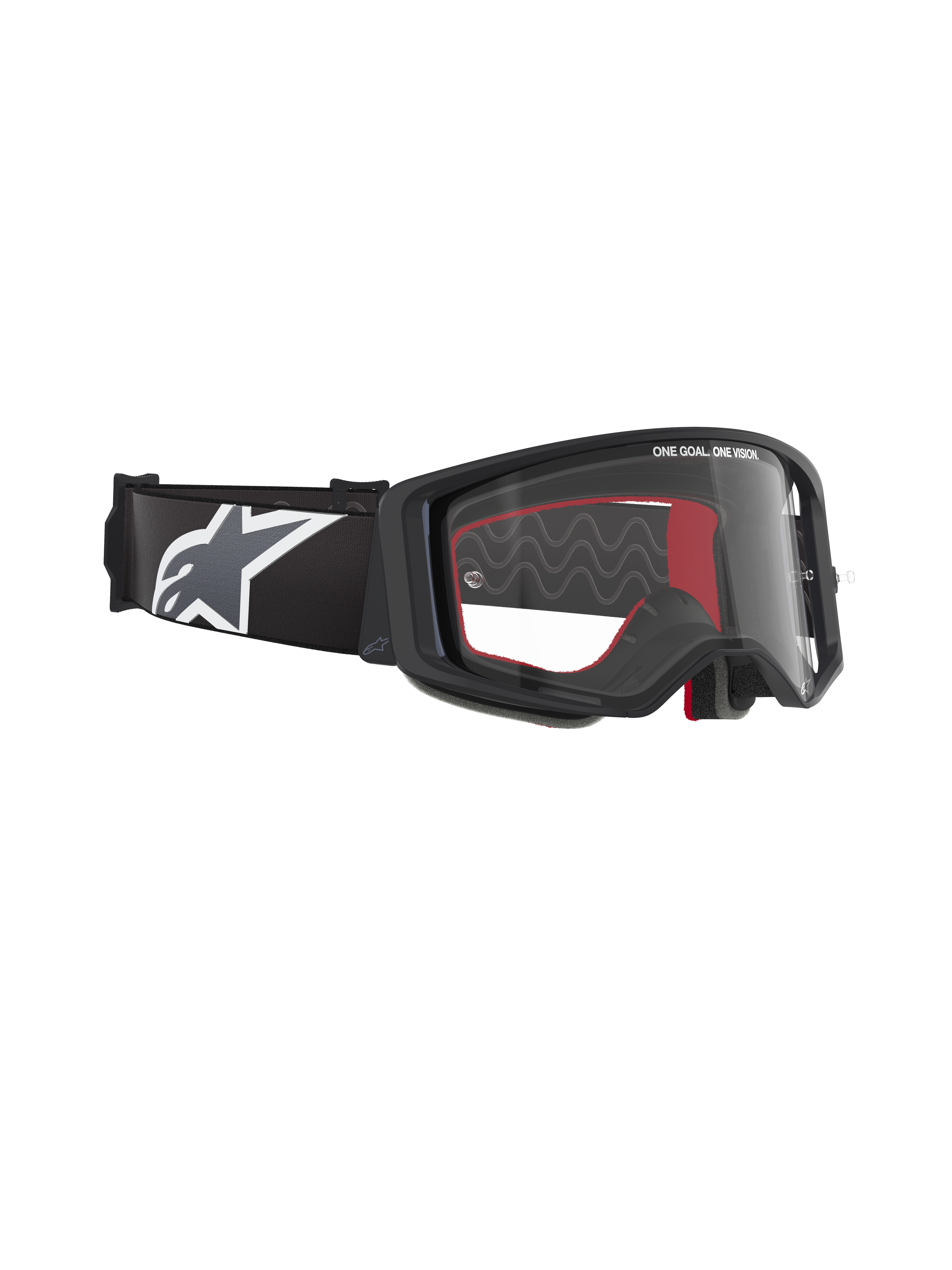 Alpinestars Supertech Corp Goggles, Motocross Goggles, Black frame with Clear lens, adjustable black strap with large white Alpinestars star logo, red foam interior accents, professional eye protection for off-road racing