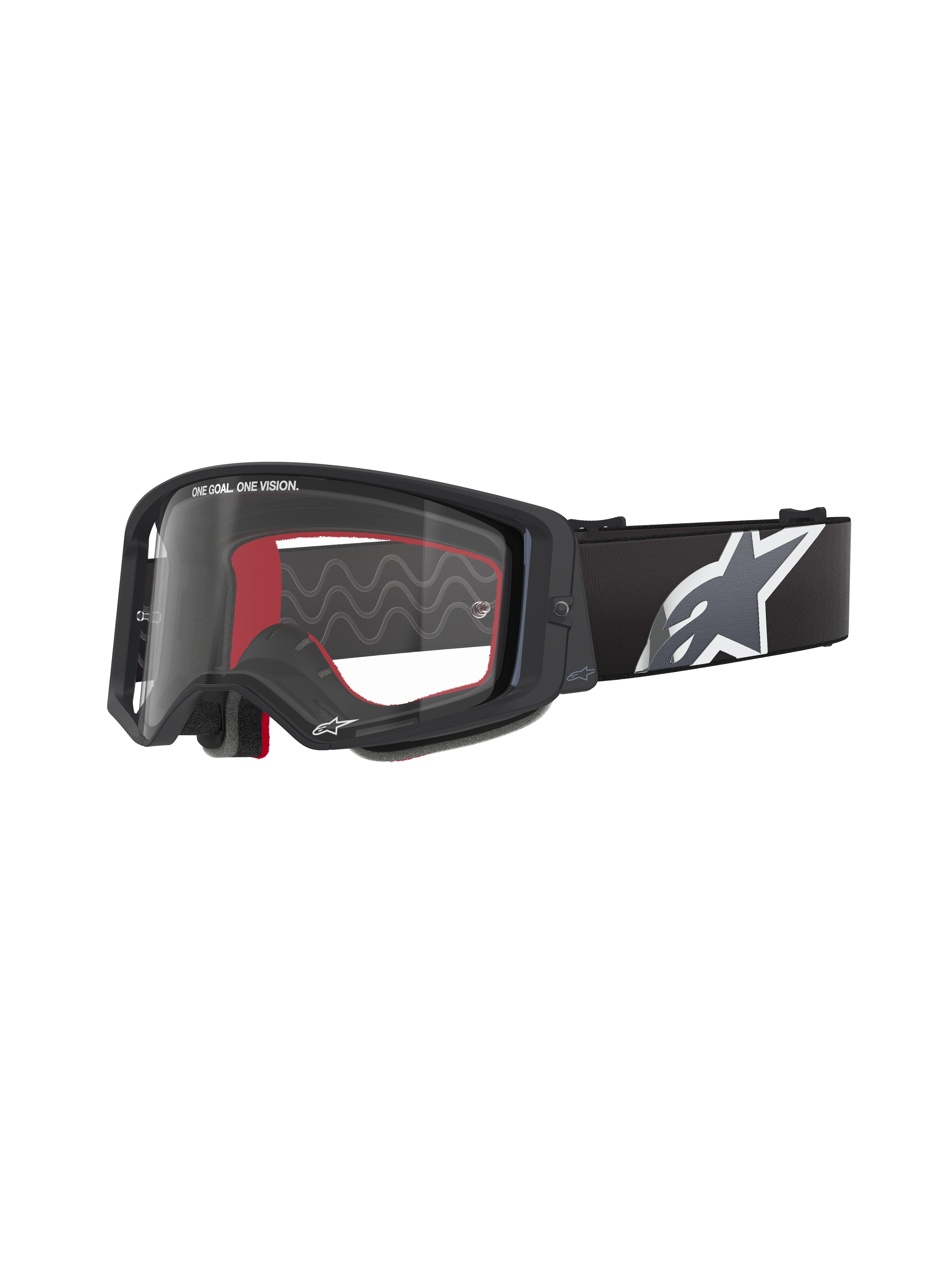 Alpinestars Supertech Corp Goggles, Motocross Goggles, Black with Red Interior, Clear Lens, Black Strap with Large White Star Logo, "ONE GOAL. ONE VISION." Branding, Performance Off-Road Eyewear
