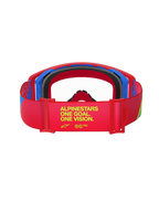 Alpinestars Supertech Corp Goggles, Red and Blue, rear view showing the strap with yellow text 'ALPINESTARS ONE GOAL. ONE VISION.', black face foam, off-road motocross eyewear