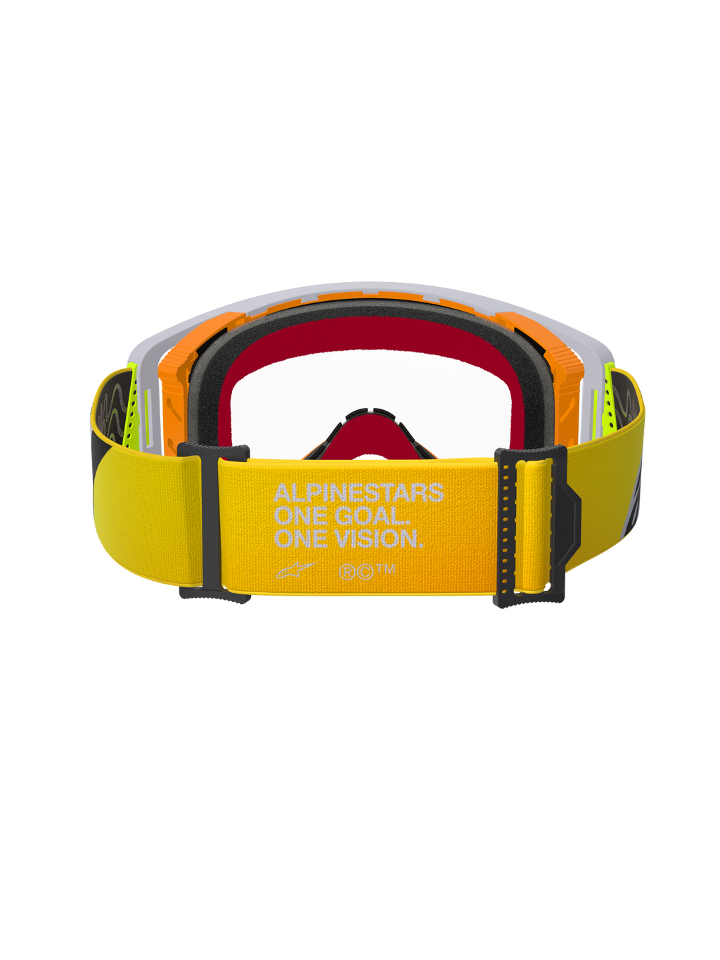 Alpinestars Supertech Corp Goggles, Motocross Goggles, Fluo Yellow and Grey, rear view highlighting yellow strap with white 'ALPINESTARS ONE GOAL. ONE VISION.' branding, multi-layer face foam, and durable frame design for off-road racing