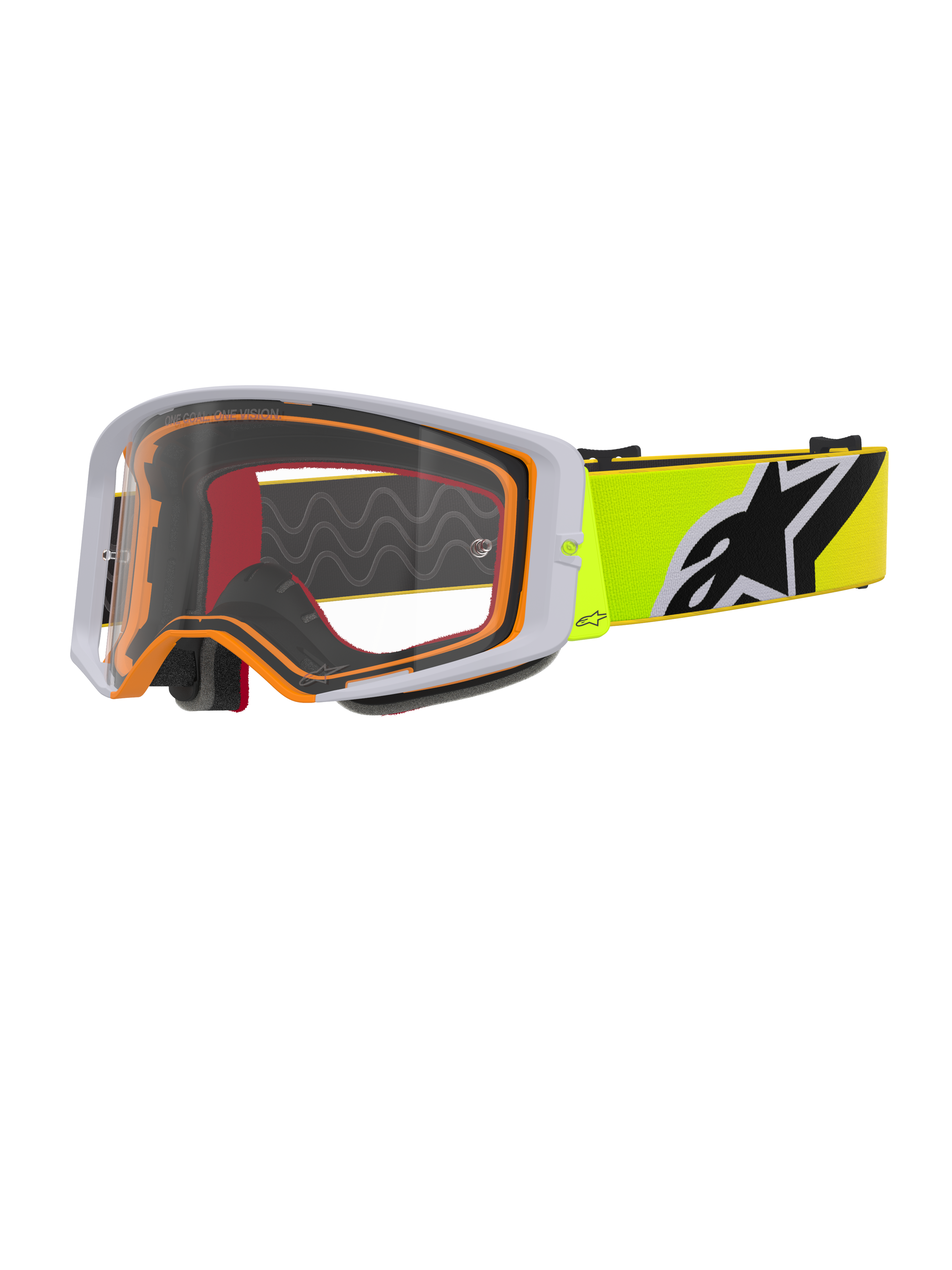 Alpinestars Supertech Corp Goggles, Motocross Goggles, Fluo Yellow Grey Clear, grey outer frame with orange inner seal, clear lens, bright yellow strap with black and white Alpinestars logo, high-performance eyewear for off-road racing