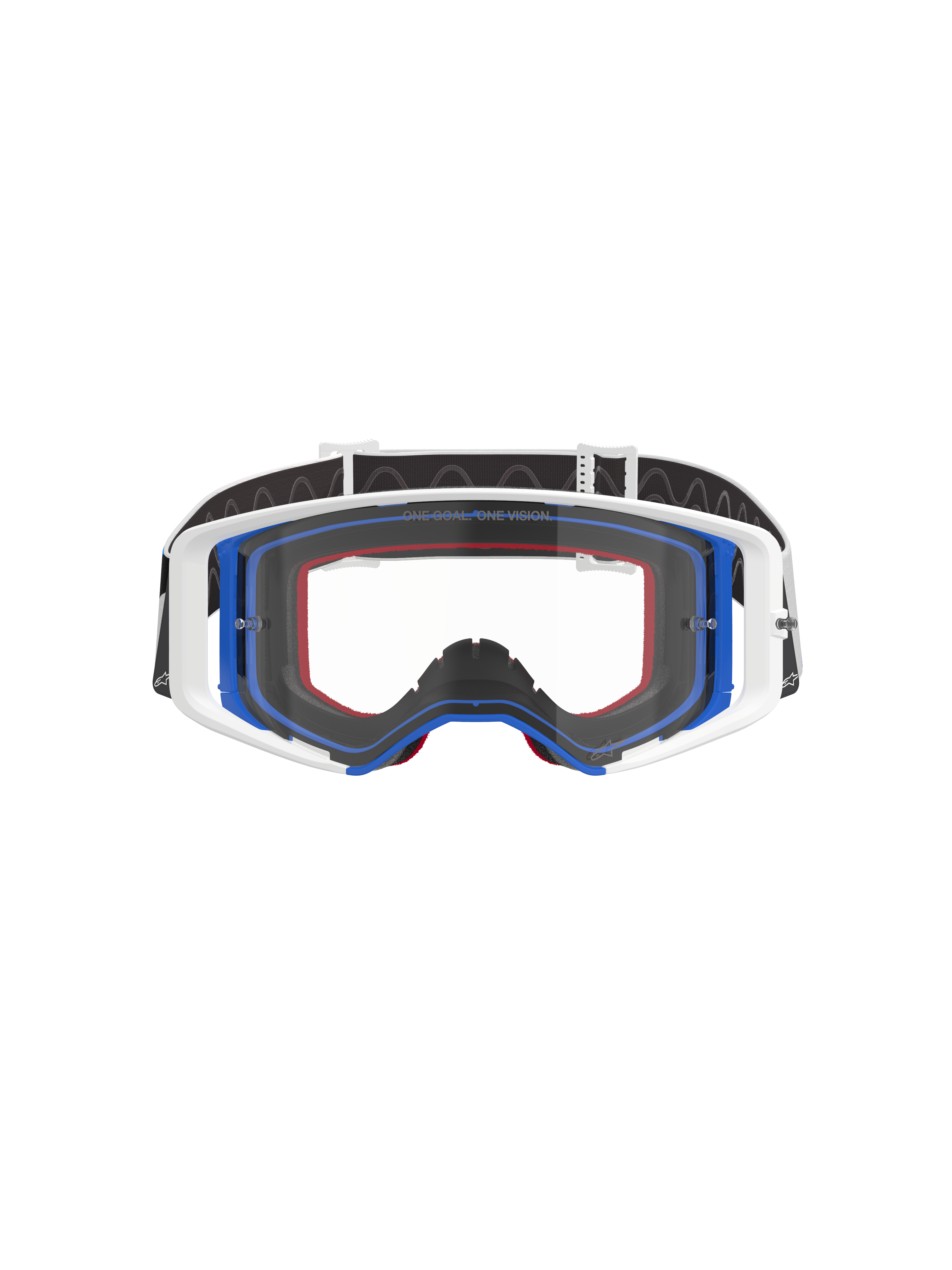 Alpinestars Supertech Corp Goggles, Motocross Goggles, Blue White and Orange with Clear Lens, black strap with white logo, professional off-road racing eyewear with wide field of vision and double-injected frame design