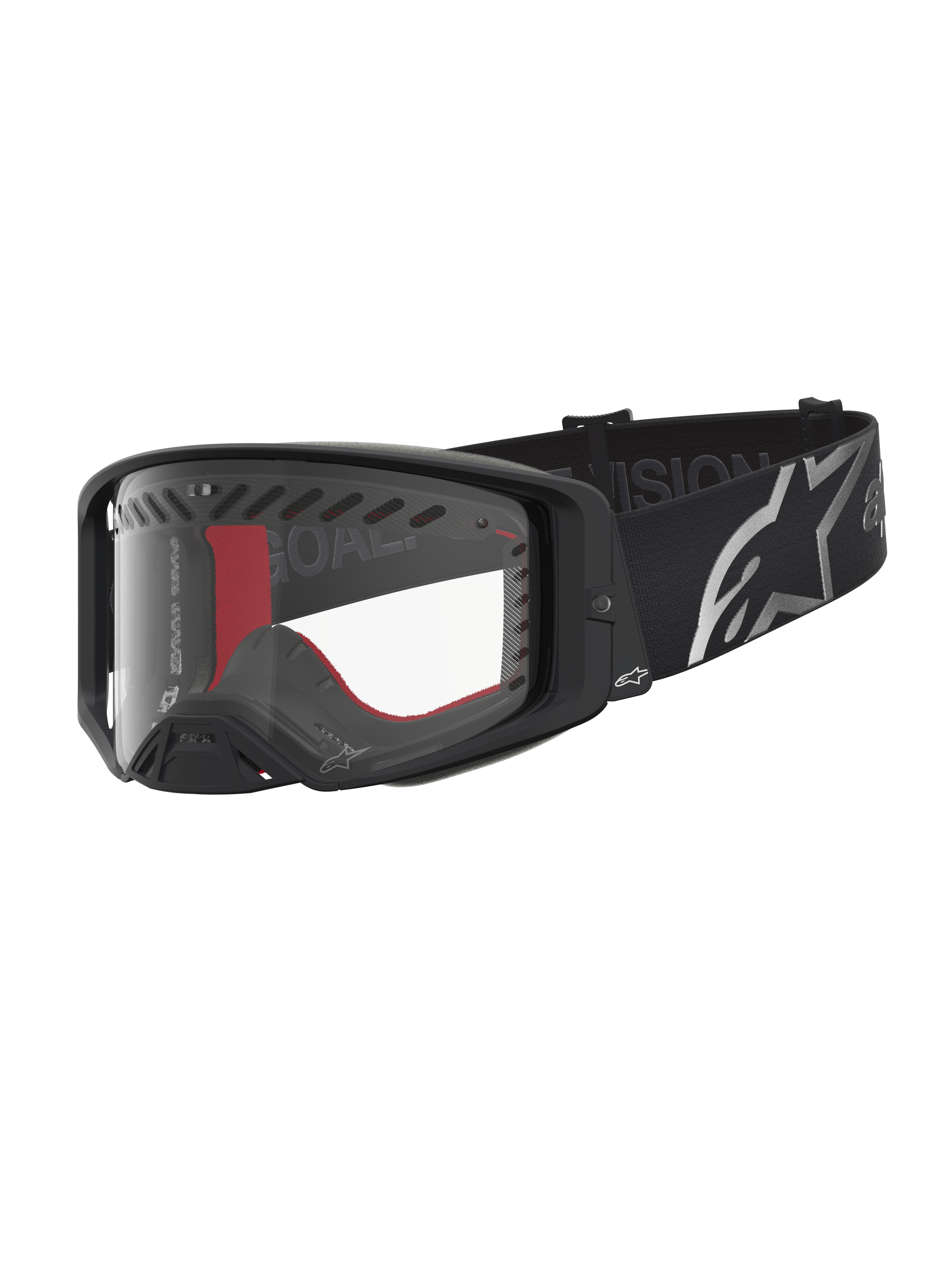 Alpinestars Supertech Dura Air Fluid Goggles for motocross racing, black and silver with clear lens and wide logo strap.