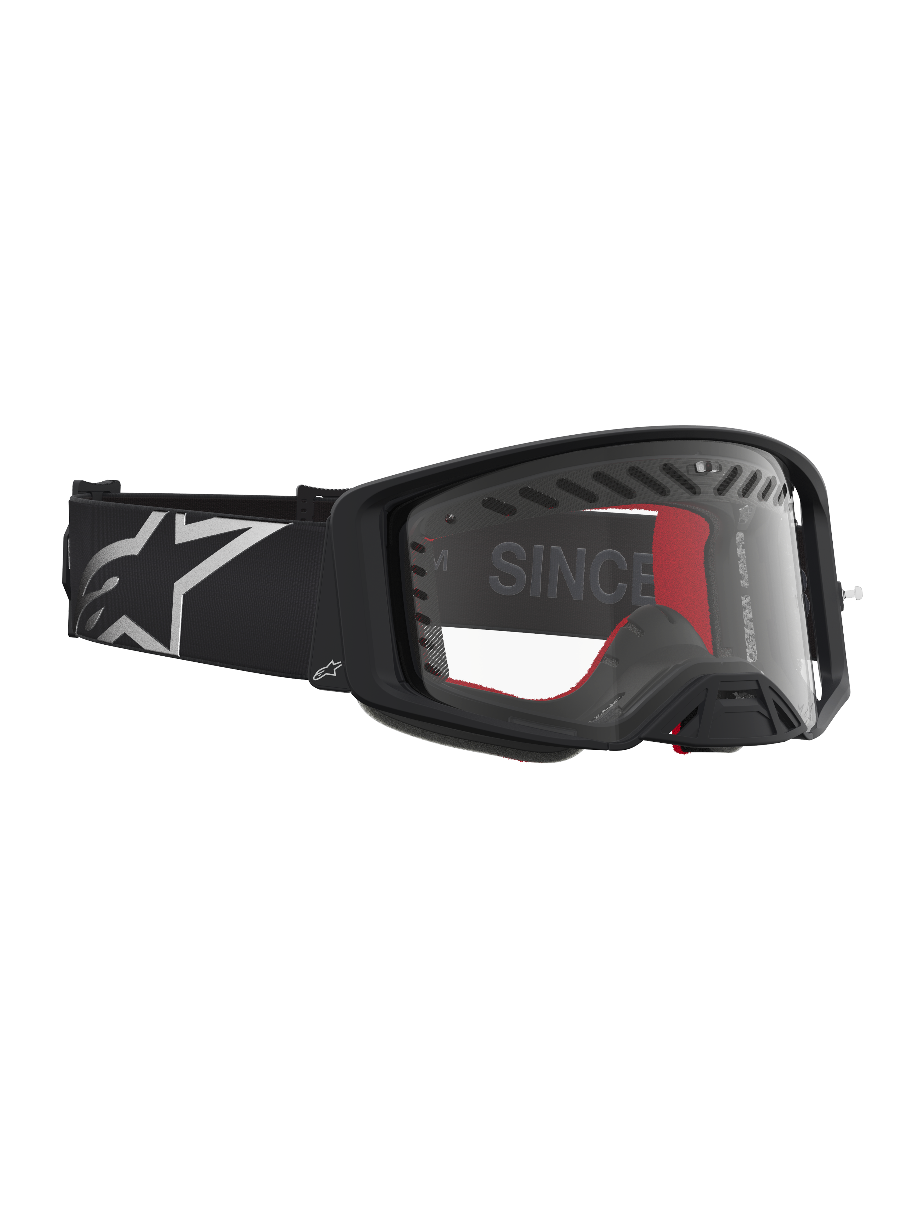 Alpinestars Supertech Dura Air Fluid Goggles, black and silver MX racing goggles with a clear polycarbonate lens.
