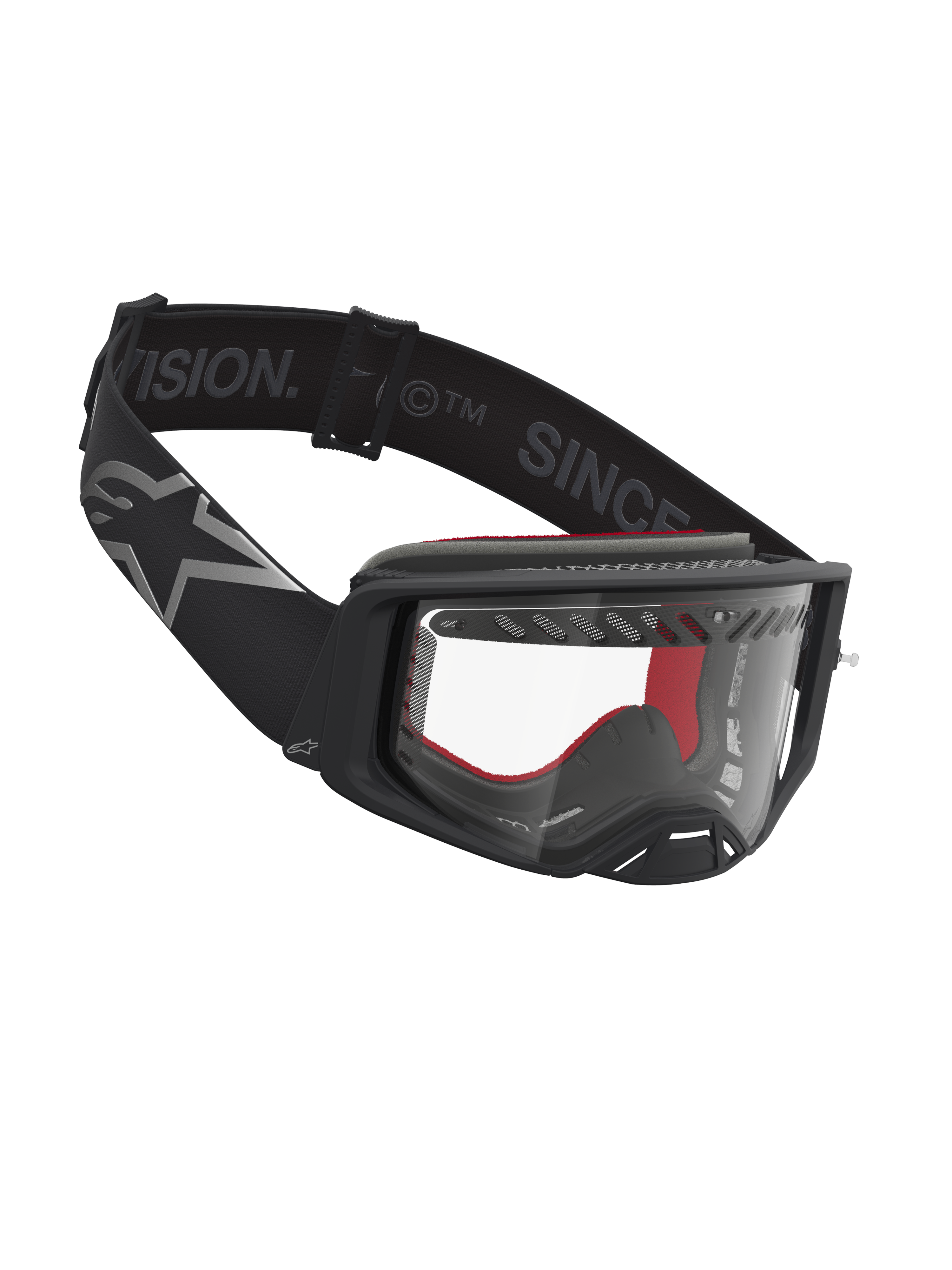 Alpinestars Supertech Dura Air Fluid Goggles, professional motocross goggles in black and silver with a clear polycarbonate lens.