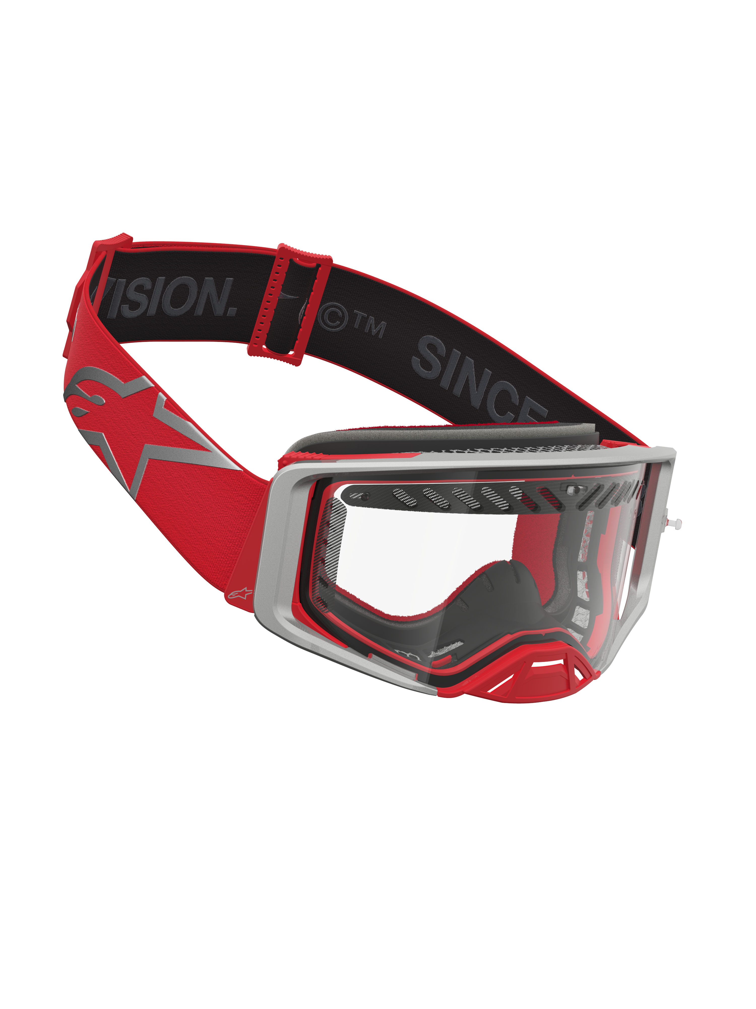 Alpinestars Supertech Dura Air Fluid Goggles, red and silver motocross goggles with clear lens and vented frame.
