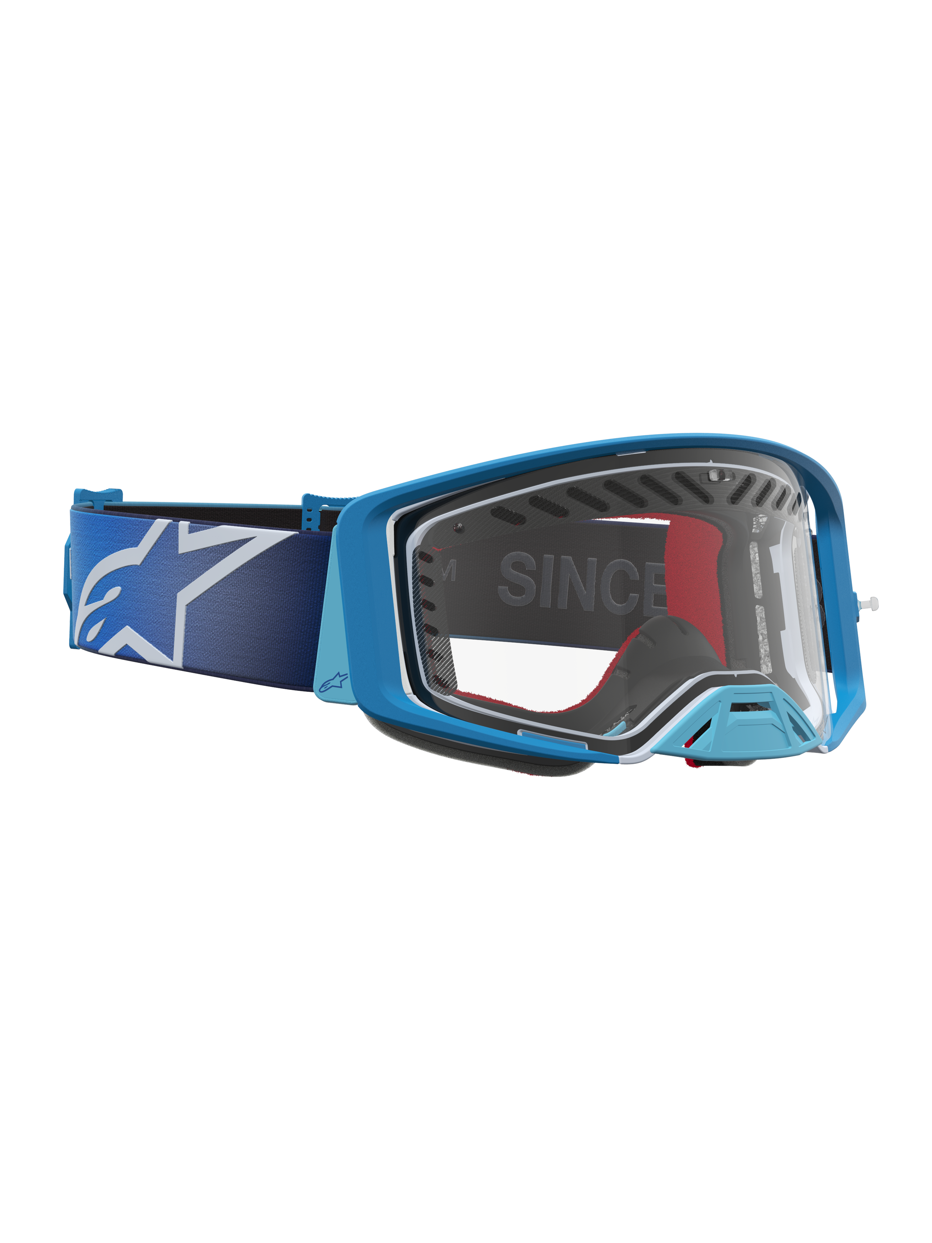 Alpinestars Supertech Dura Air Fluid Goggles for Motocross, Blue and Silver with a clear lens and ventilated plastic frame.