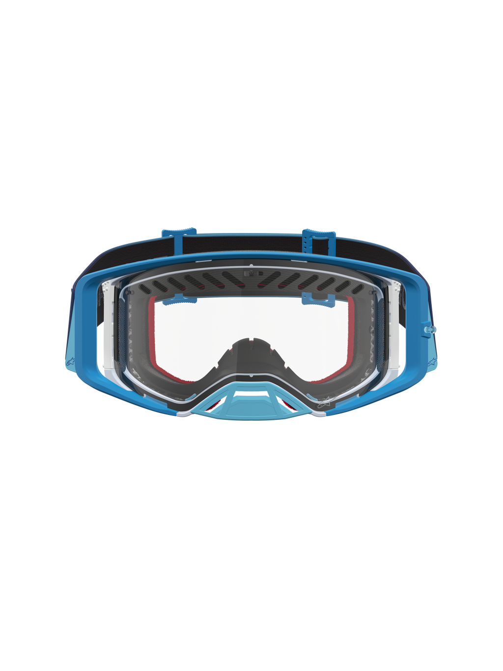 Alpinestars Supertech Dura Air Fluid Goggles in blue fade and grey for motocross with a clear, high-grade lens.