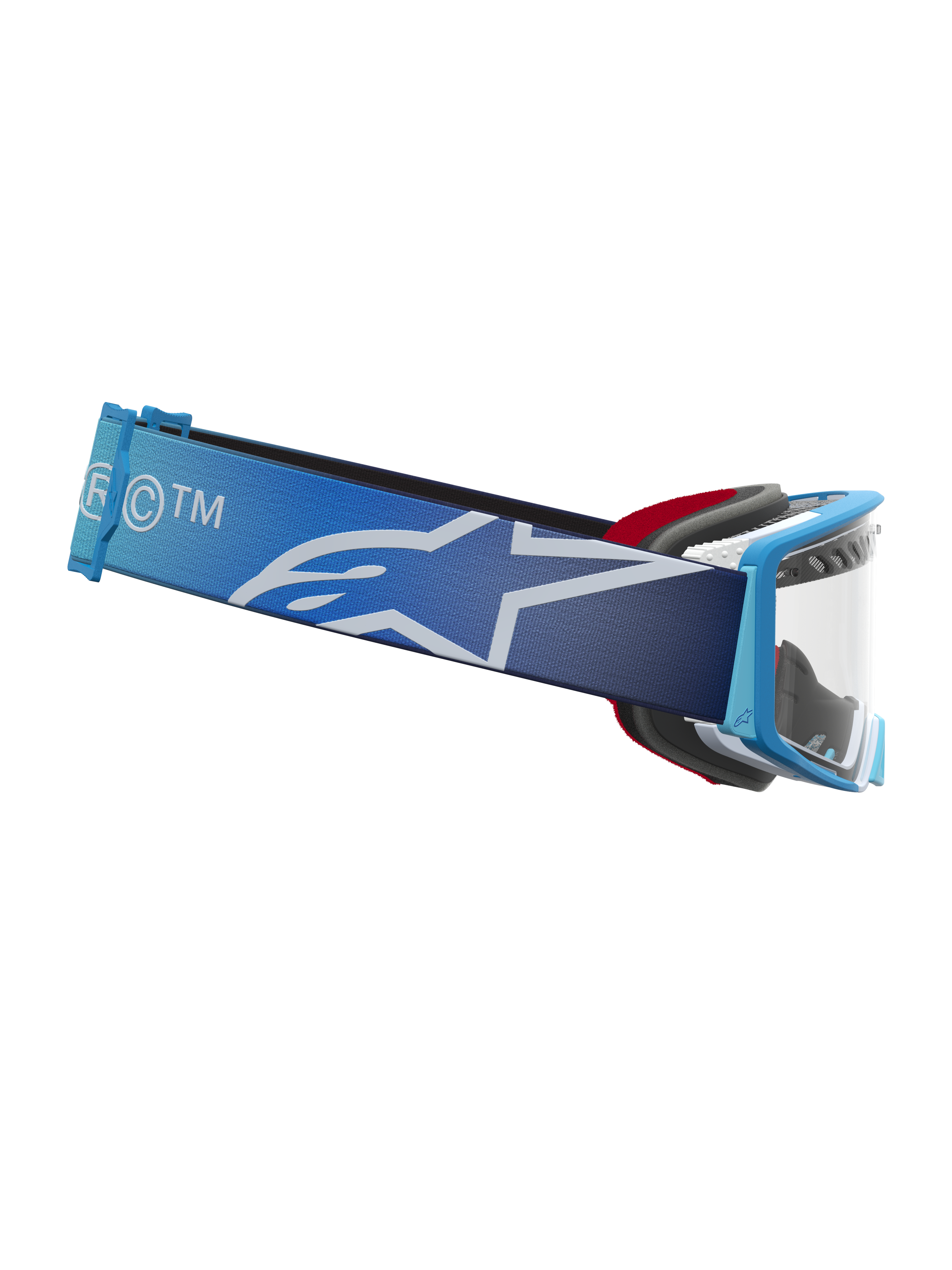 Alpinestars Supertech Dura Air Fluid Goggles, Blue Fade motocross eyewear with clear lens and wide star logo strap.