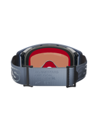 Alpinestars Supertech Vision Vista Goggles, rear view, blue-grey adjustable strap with embossed 'ONE GOAL. ONE VISION.' text, black multi-layer face foam, interior view of the tinted lens, designed for motocross performance