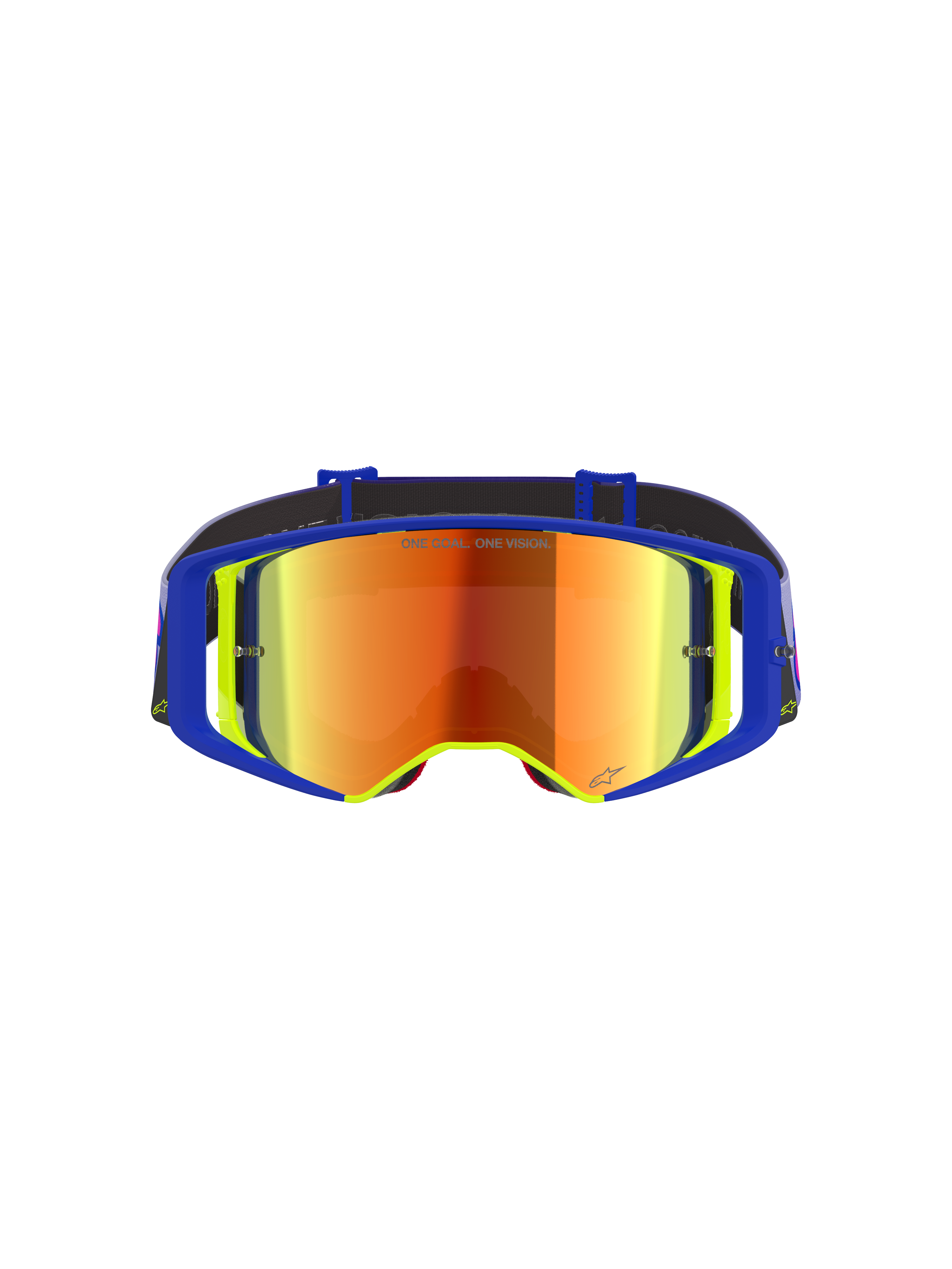 Alpinestars Supertech Vision Vista Goggles, Motocross Goggles, Blue and Yellow frame with a Mirror Red tinted lens, featuring purple and orange reflections, 'ONE GOAL. ONE VISION.' text on the lens, professional high-performance off-road eyewear