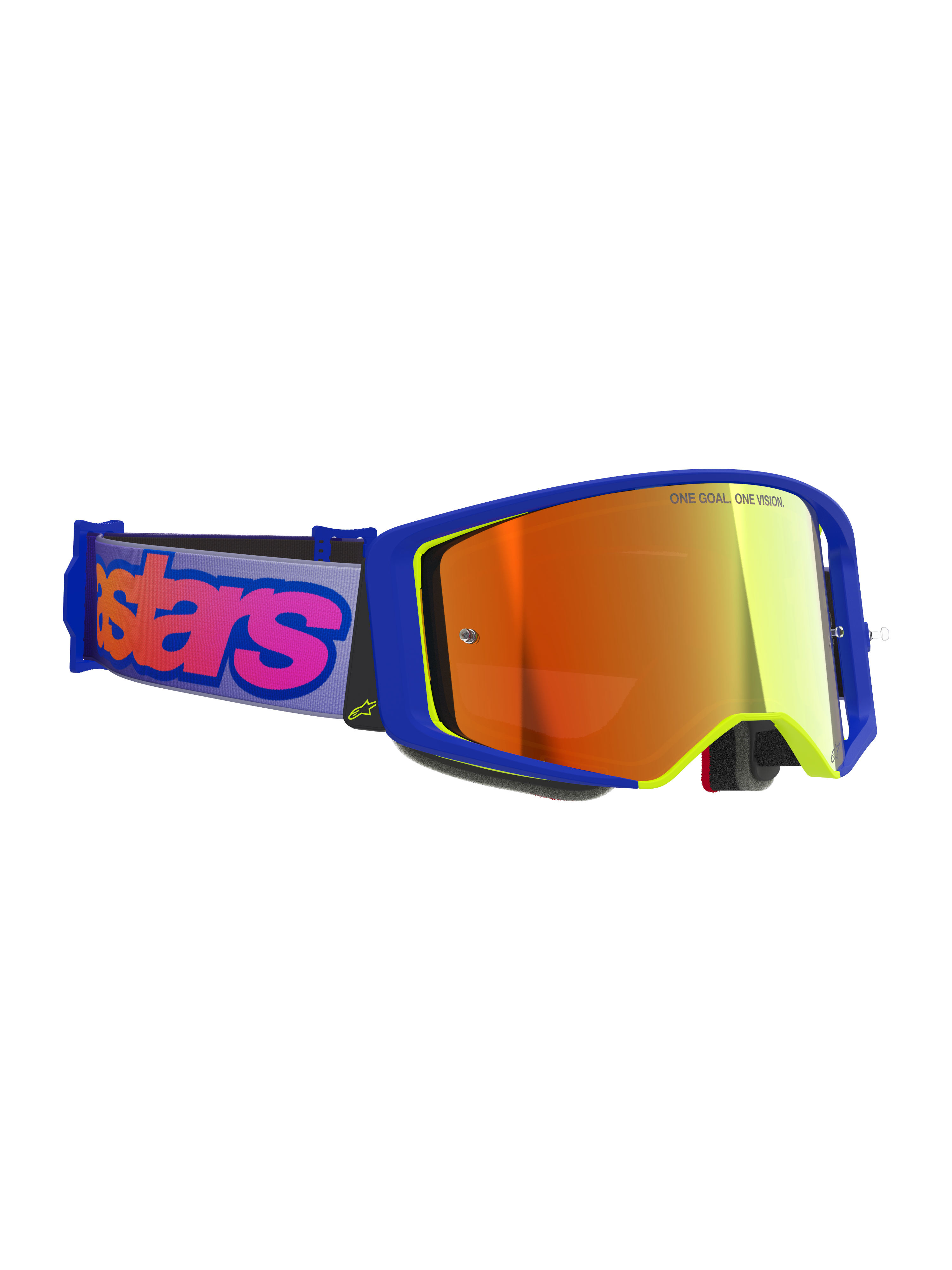 Alpinestars Supertech Vision Vista Goggles, Motocross Goggles, Blue and Yellow frame with Mirror Red tinted lens, purple strap with bold pink Alpinestars branding, professional off-road racing eyewear