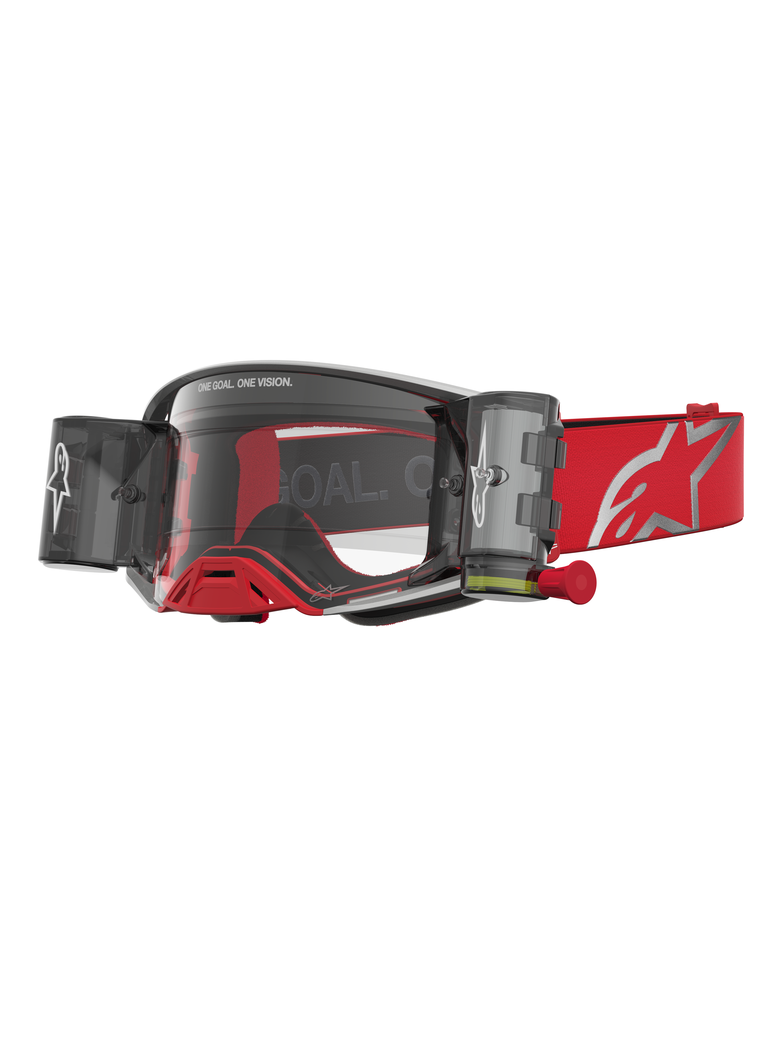 Alpinestars Supertech Firma Roll Off Goggles in red and silver for motocross, featuring clear lenses and roll-off canisters.