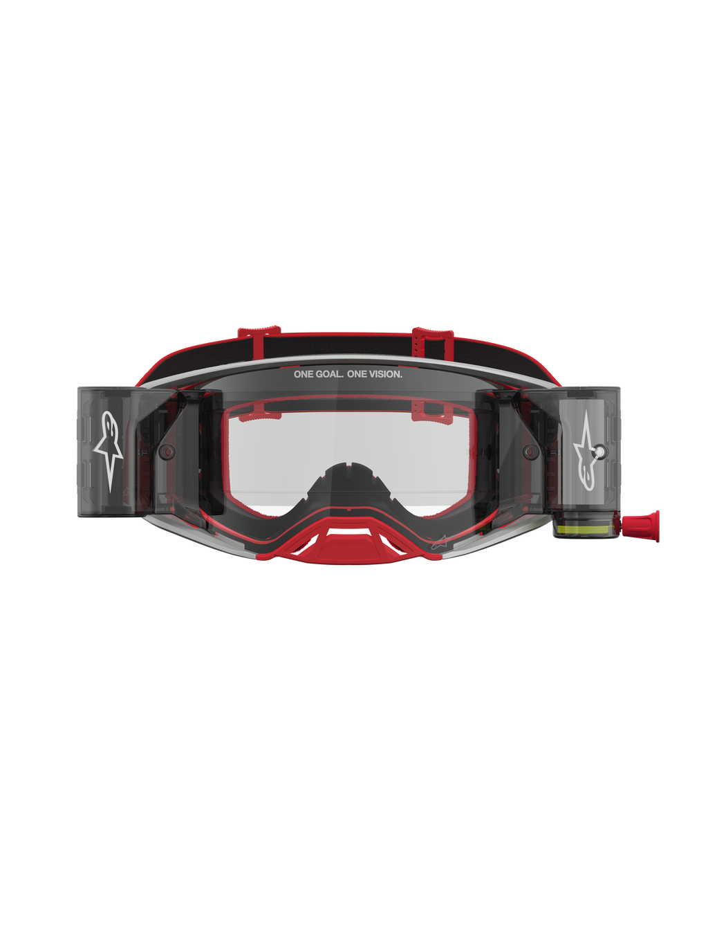 Alpinestars Supertech Firma Roll Off Goggles, red and silver motocross goggles with clear lenses and roll-off system.