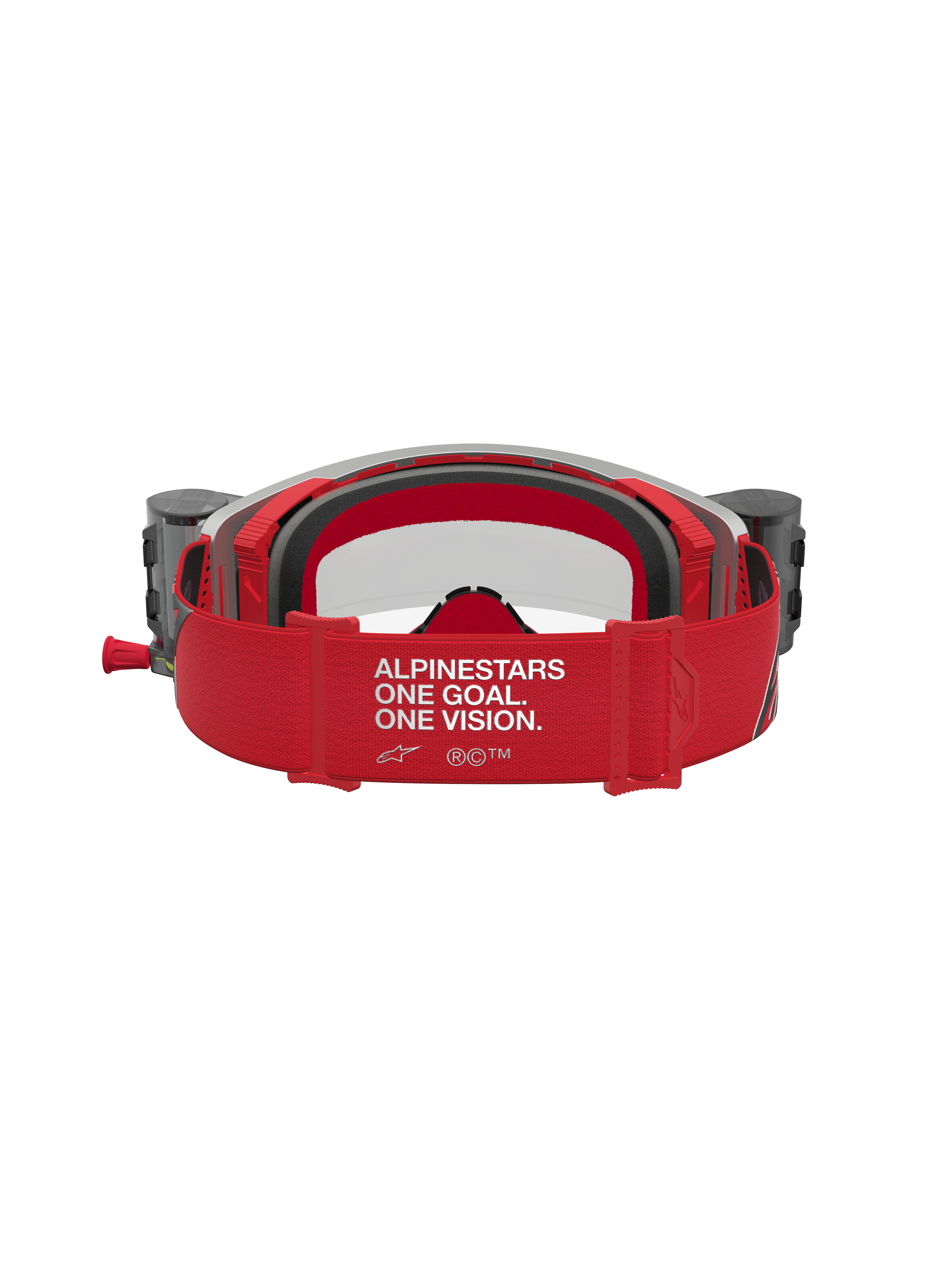 Alpinestars Supertech Firma Roll Off Goggles, Red and Silver motocross eyewear with roll-off canisters and a branded strap.