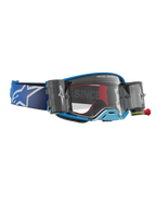 Alpinestars Supertech Firma Roll Off Goggles, blue and silver motocross goggles with clear lens and roll-off canisters.
