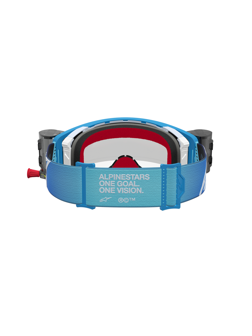 Alpinestars Supertech Firma Roll Off Goggles, Motocross Racing, Blue and Grey, featuring roll-off canisters and branded strap.