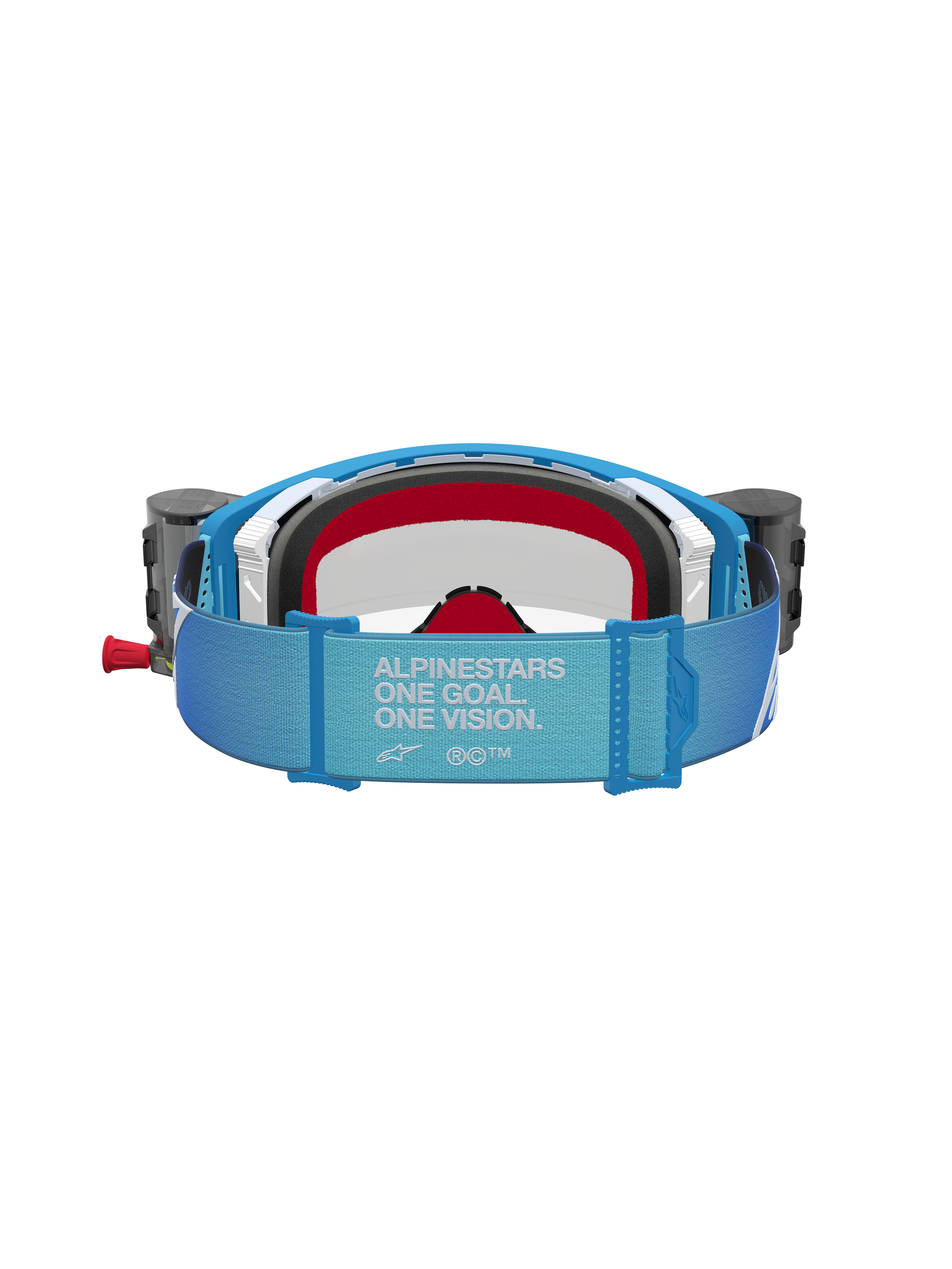 Alpinestars Supertech Firma Roll Off Goggles, Motocross Racing, Blue and Grey, featuring roll-off canisters and branded strap.